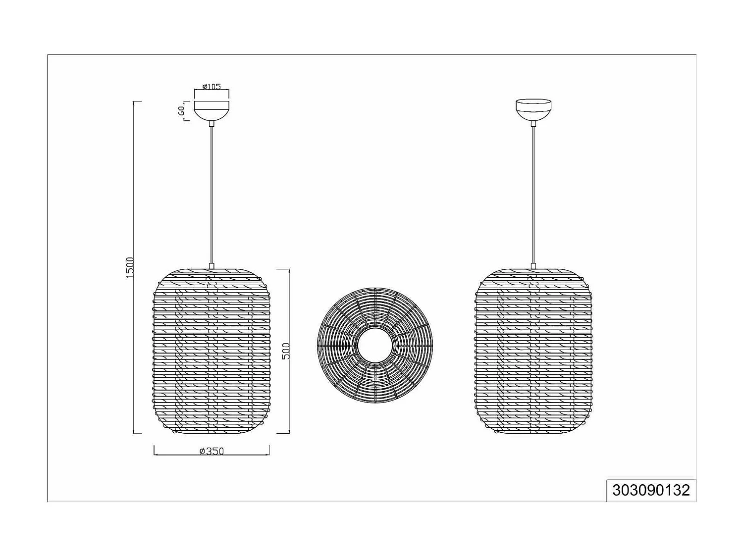 Lampada a sospensione, metallo, nero e corda, D 35 cm, Runa