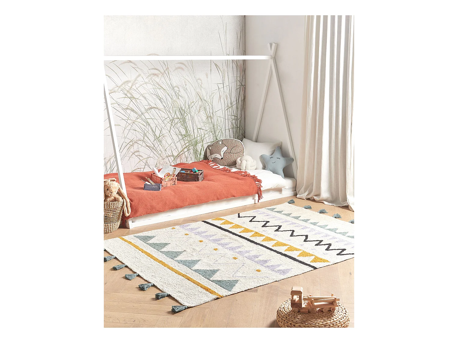 Teppich Baumwolle beige / grün rechteckig 140x200cm mit Muster für Kinder Zaysan