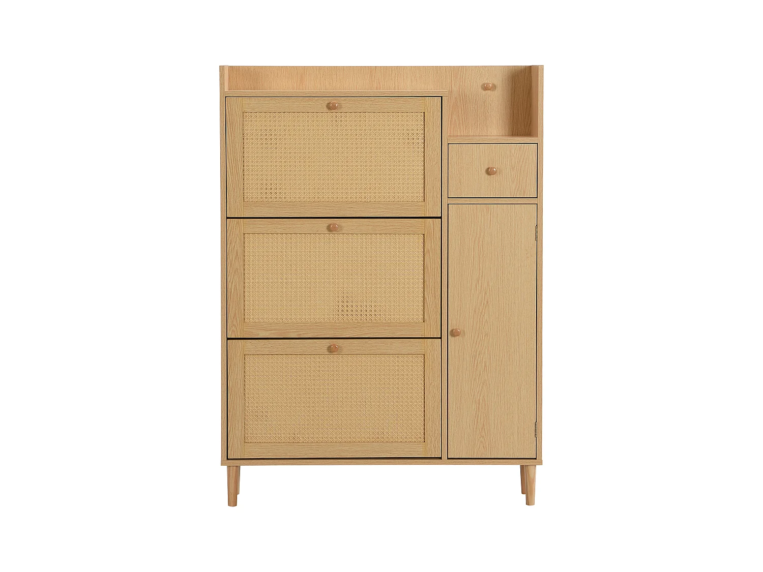 Armoire à chaussures en rotin, 3 portes battantes et 1 tiroir avec pieds et poignées en bois massif, dimensions: B90 / h125 / t17 cm