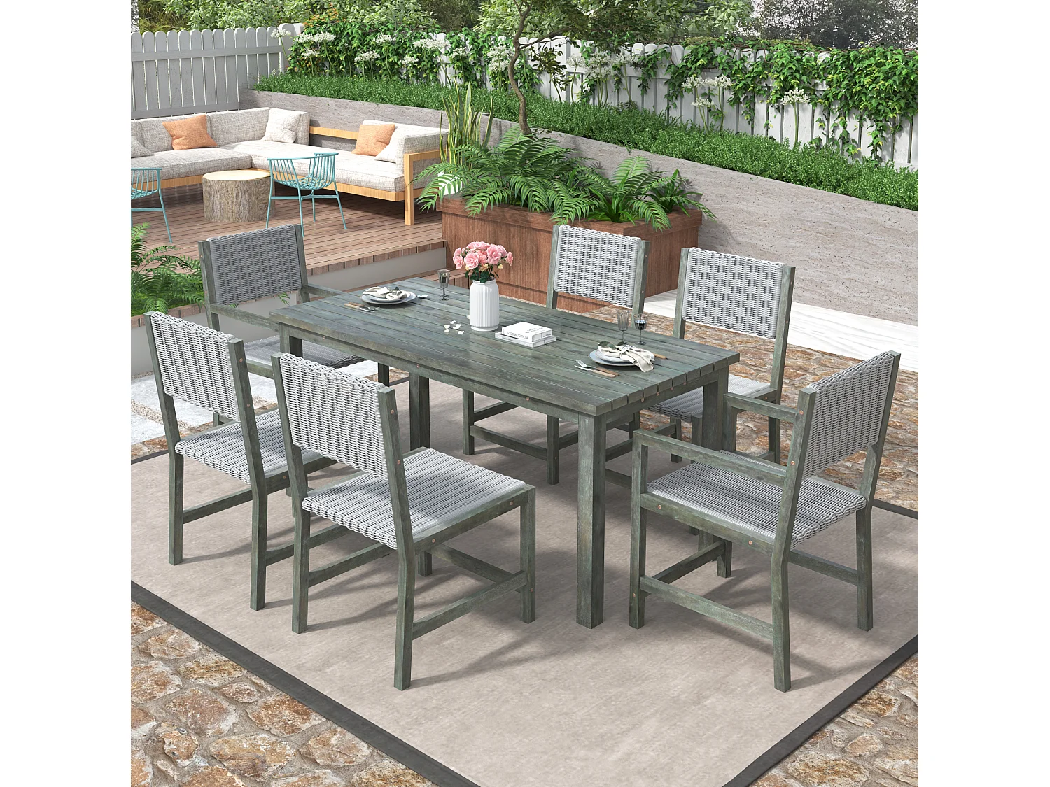 Ensemble de 7 tables à manger en plein air pour 6 personnes, meubles de jardin en rotin PE, table et chaises en bakélite d'arbre arabe