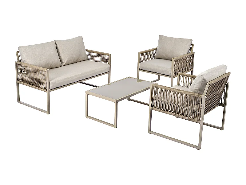 Jeu de chaises longues en corde kaki avec structure en fer galvanisé, avec coussins d'assise, structure en fer galvanisé, jeu de 4