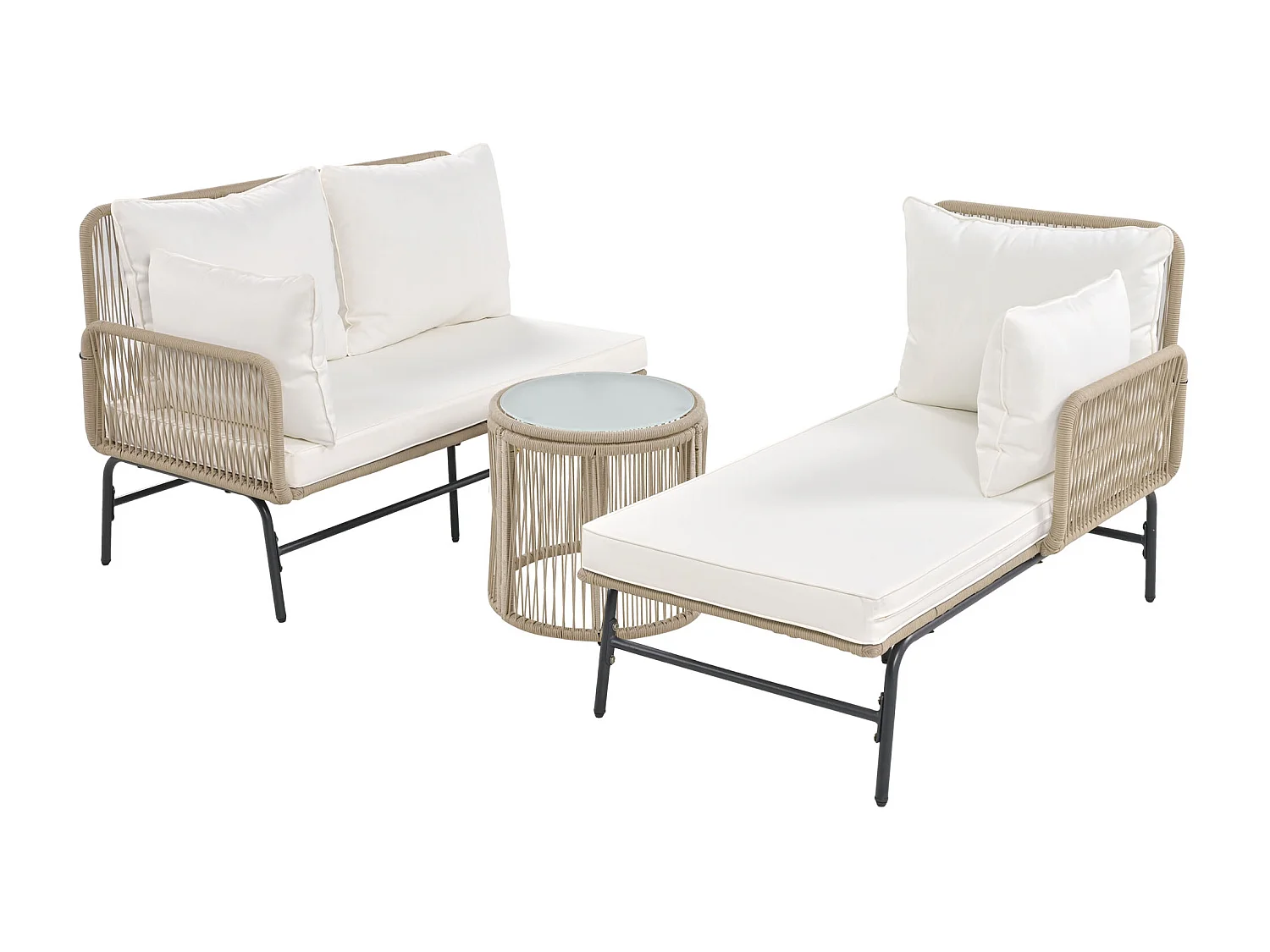 Ensemble salon de jardin beige avec cadre en fer et corde beige, deux fauteuils, deux canapés et deux tables (tous les oreillers sont inclus)