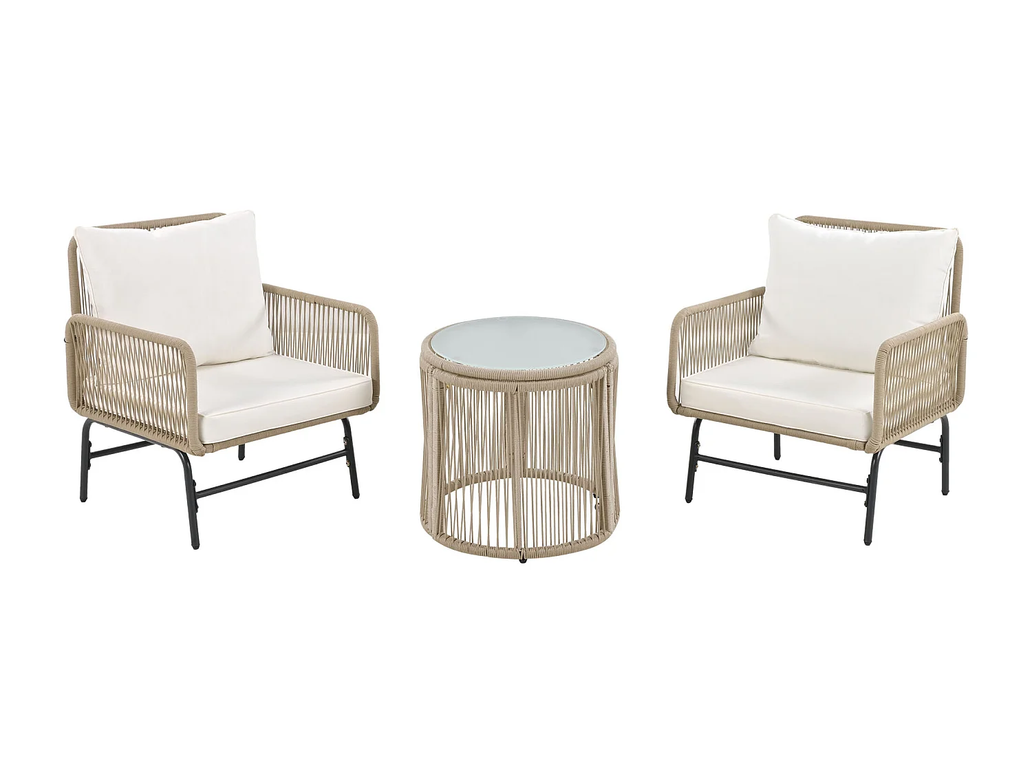 Ensemble salon de jardin beige avec cadre en fer et corde beige, deux fauteuils, deux canapés et deux tables (tous les oreillers sont inclus)