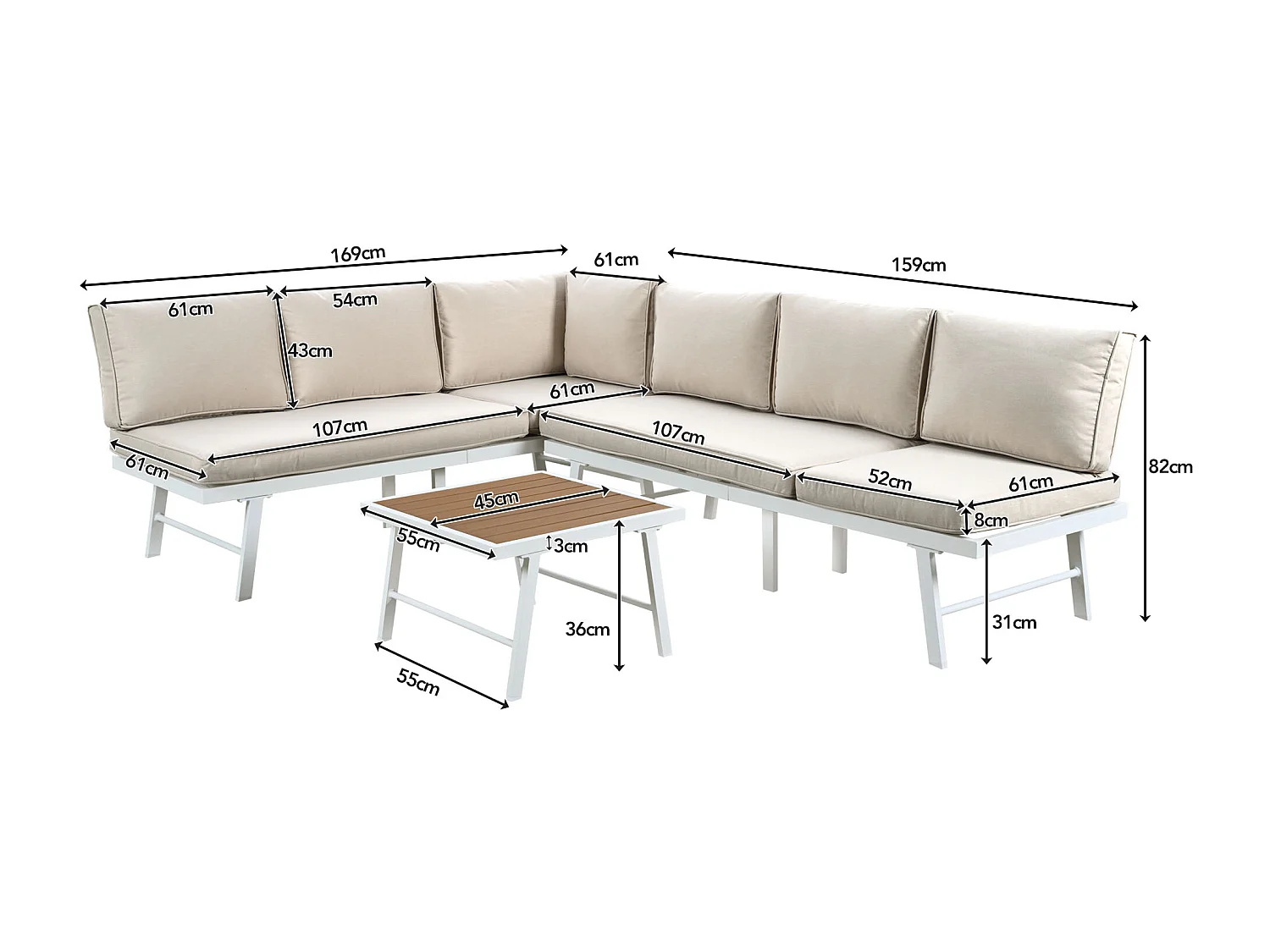 Ensemble salon de jardin en aluminium pour 5 - 6 personnes, 2 canapés d'angle, 1 table dont 7 coussins beige, 4 coussins beige