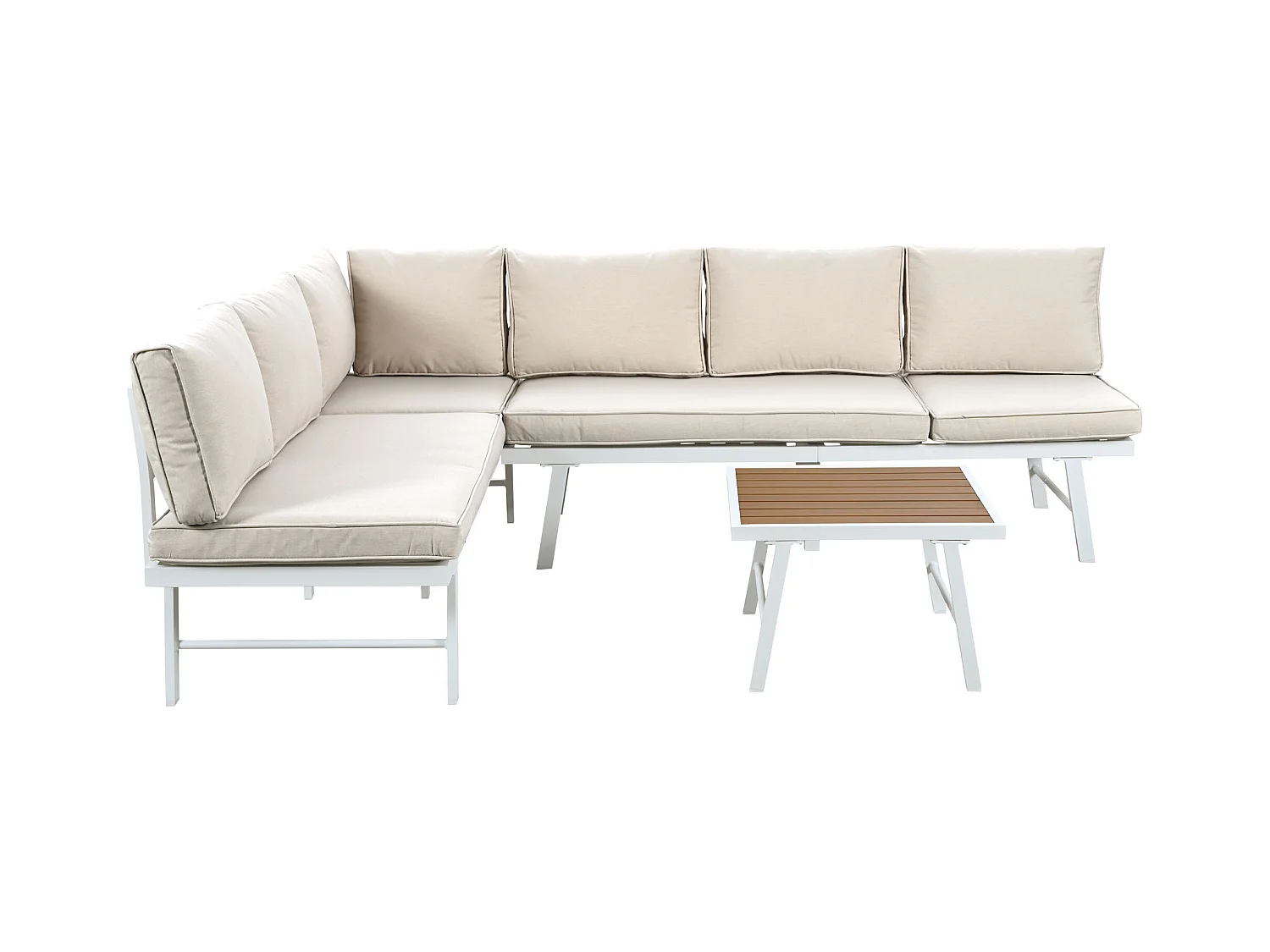 Ensemble salon de jardin en aluminium pour 5 - 6 personnes, 2 canapés d'angle, 1 table dont 7 coussins beige, 4 coussins beige