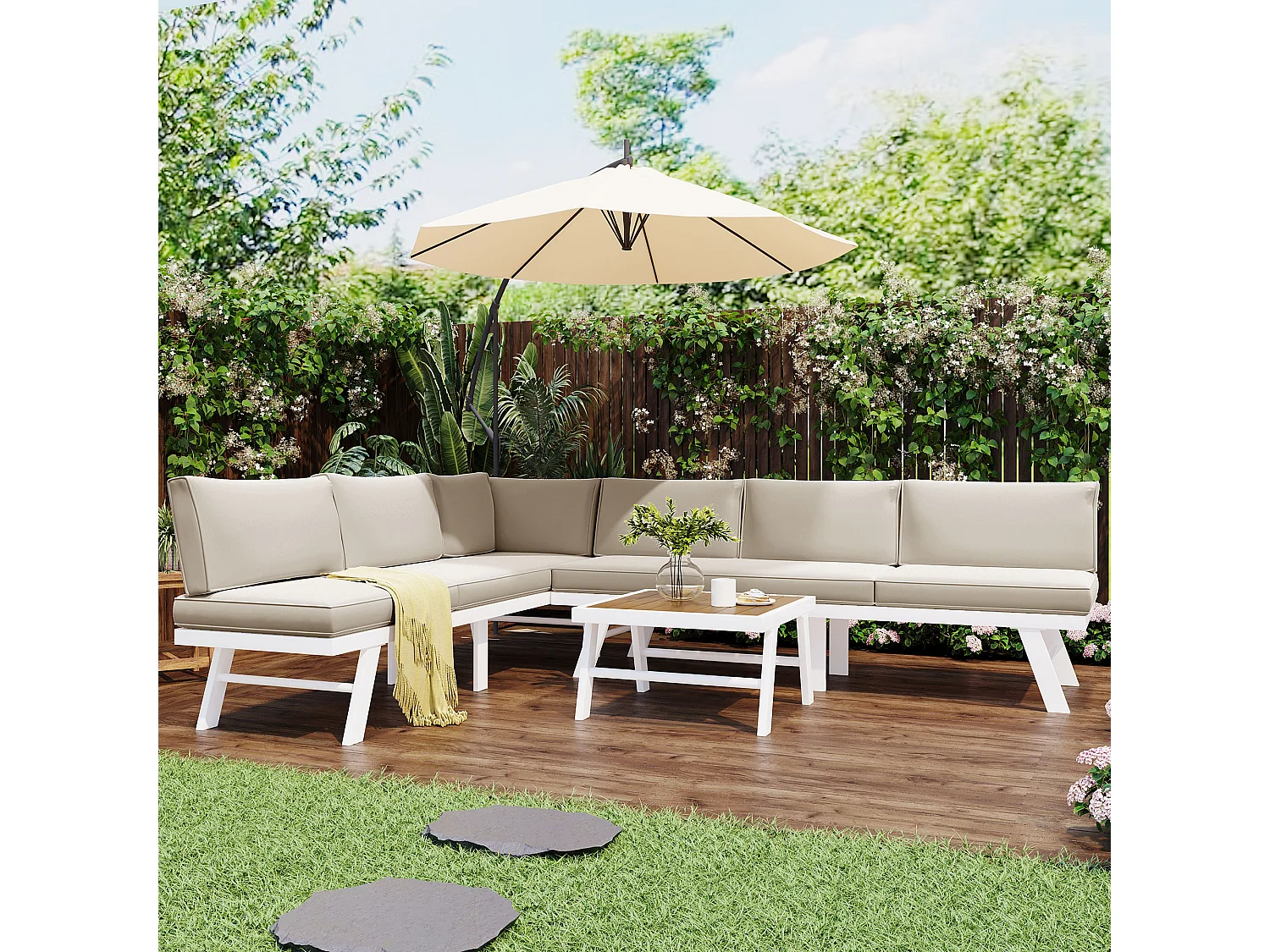 Ensemble salon de jardin en aluminium pour 5 - 6 personnes, 2 canapés d'angle, 1 table dont 7 coussins beige, 4 coussins beige