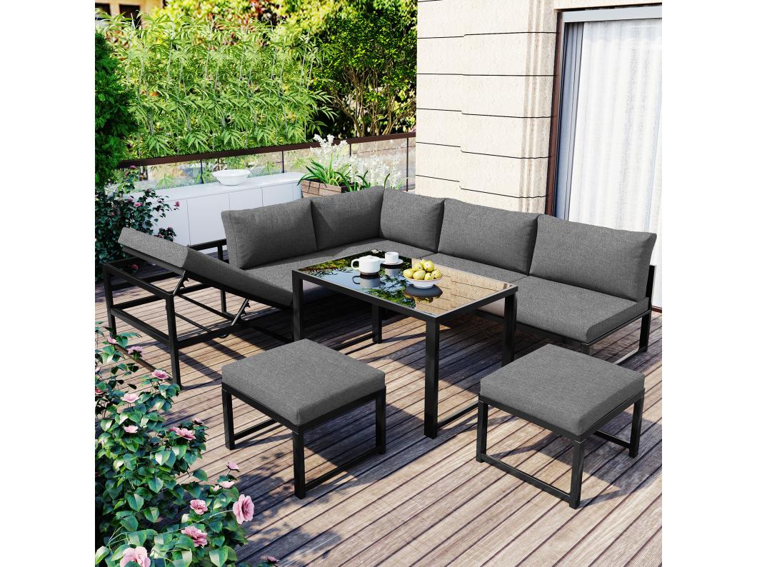 Ensemble salon de jardin avec fonction chaise longue, dossier réglable à quatre vitesses, table avec comptoir en verre de sécurité, gris