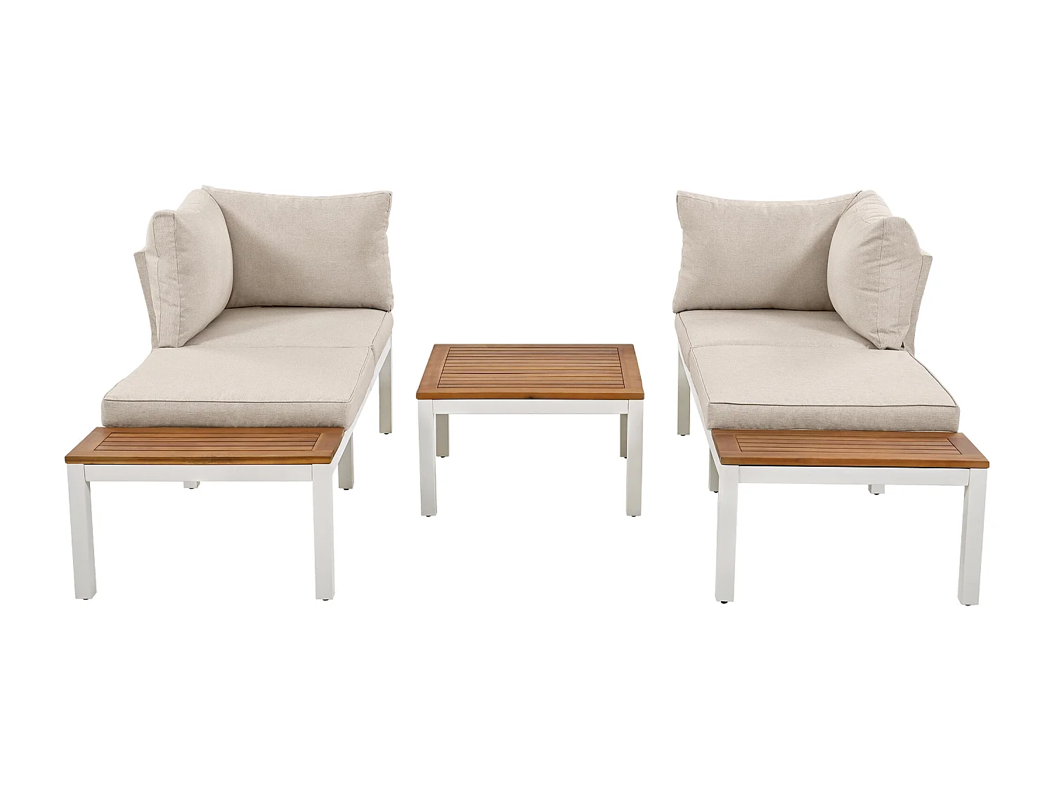 Ensemble salon de jardin beige (2 canapés 2 places, 2 tables d'appoint, 1 table), cadre en acier galvanisé, Table arabe en bois massif