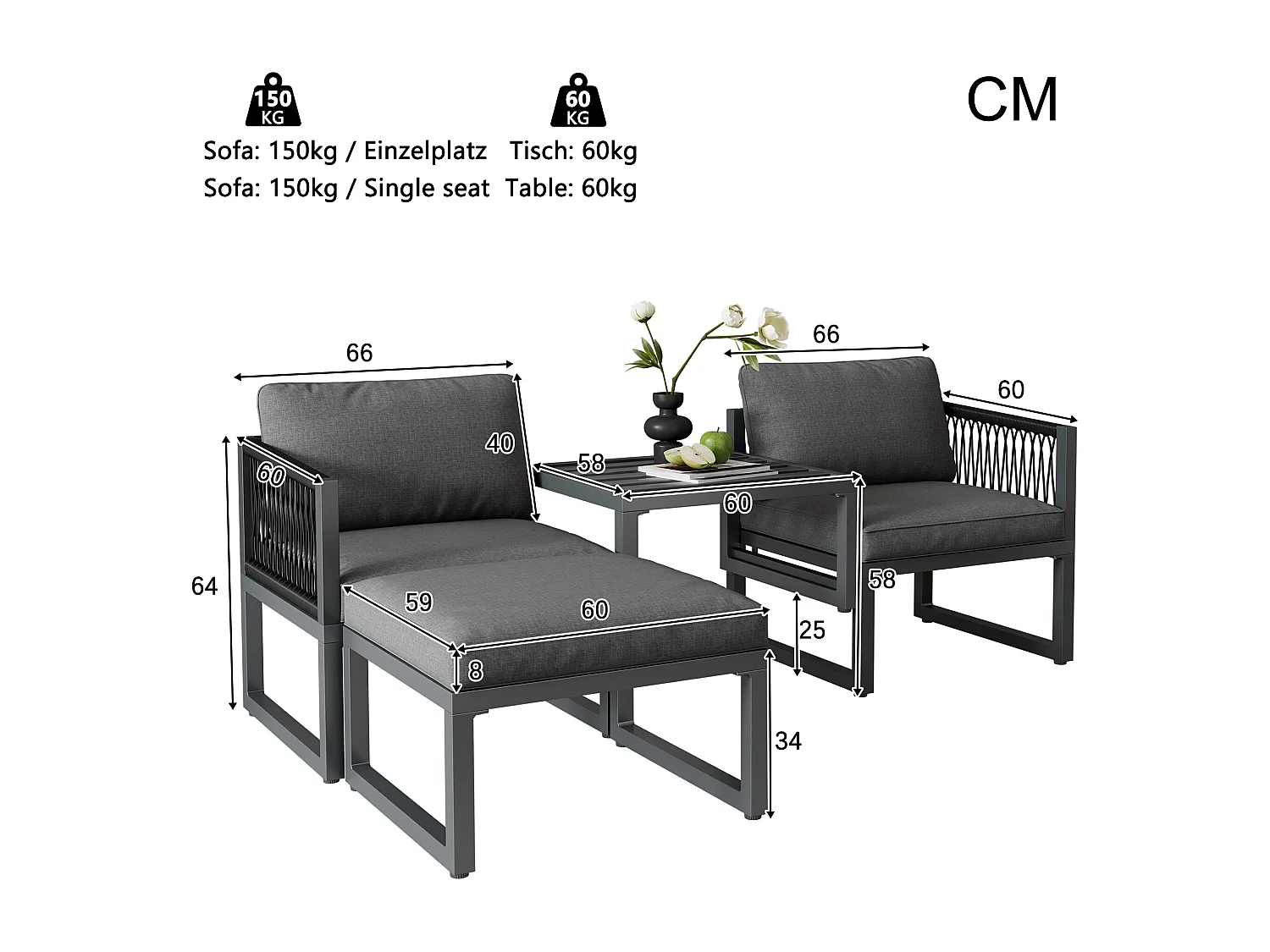 Ensemble de salon de jardin en aluminium, ensemble de meubles de terrasse. 2 canapés, 2 repose - pieds, différentes combinaisons, réglables