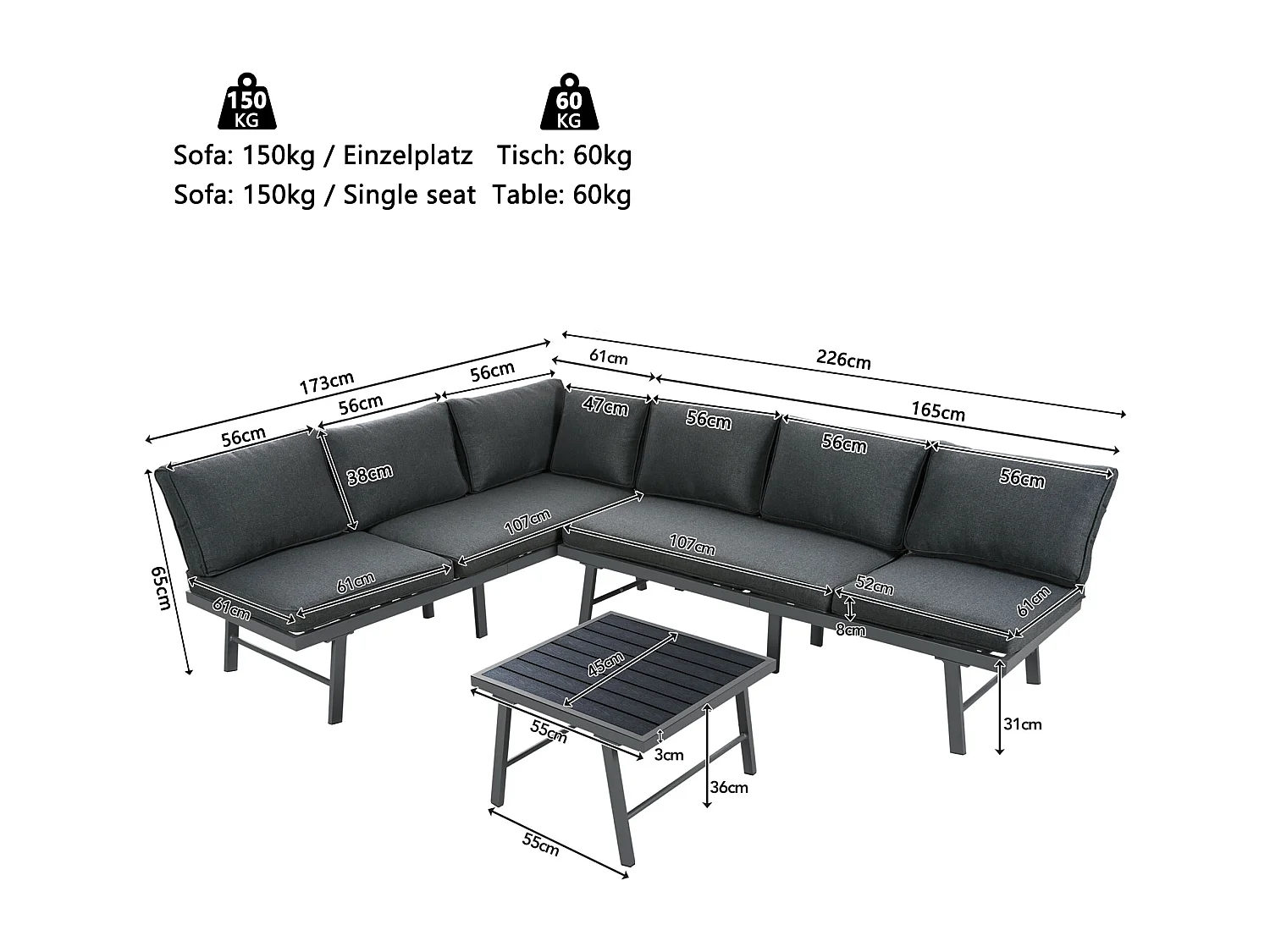 Ensemble salon de jardin en aluminium pour 5 - 6 personnes, canapé 2 coins, 1 table contenant 7 oreillers gris, 4 oreillers gris