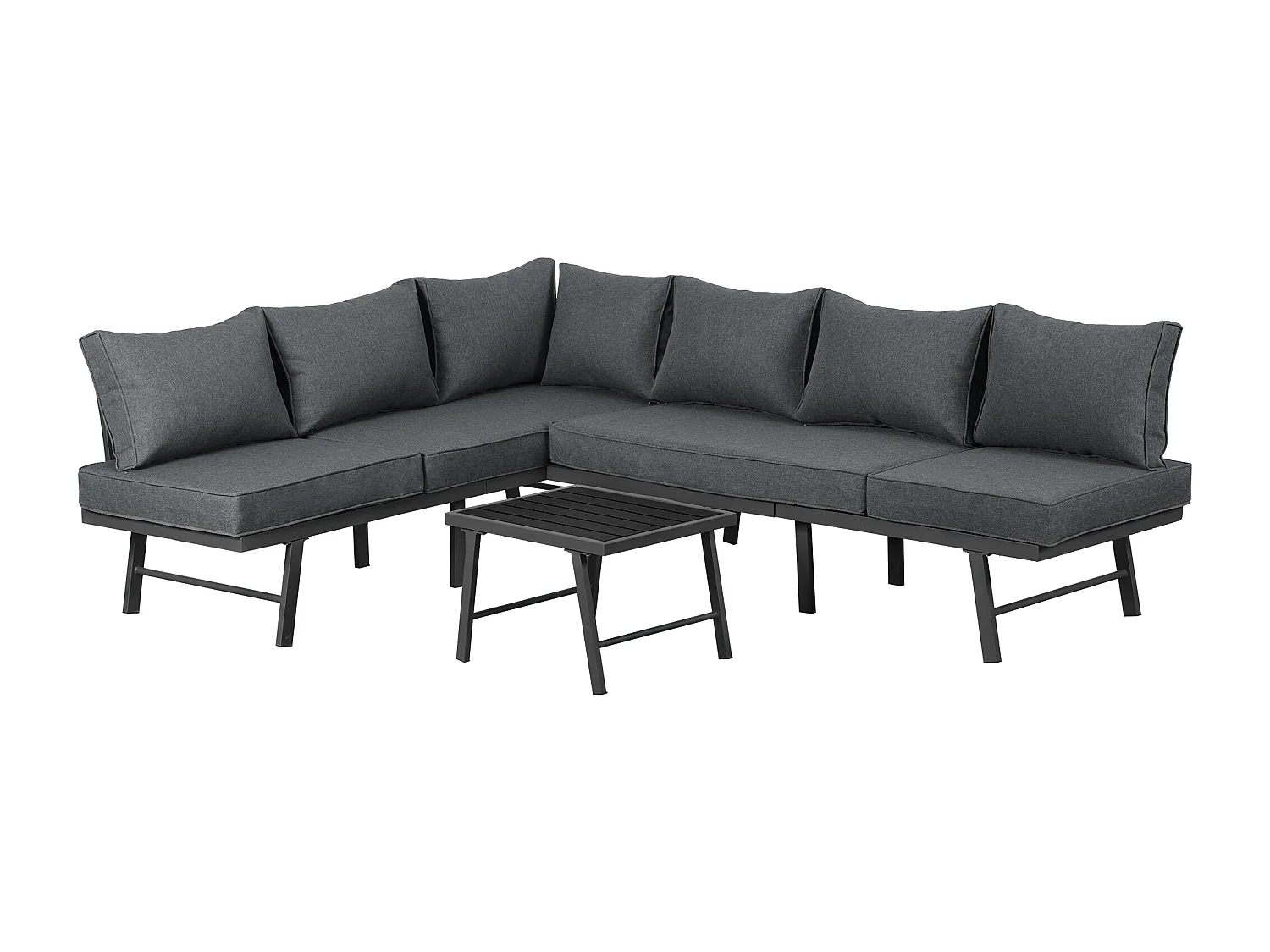 Ensemble salon de jardin en aluminium pour 5 - 6 personnes, canapé 2 coins, 1 table contenant 7 oreillers gris, 4 oreillers gris