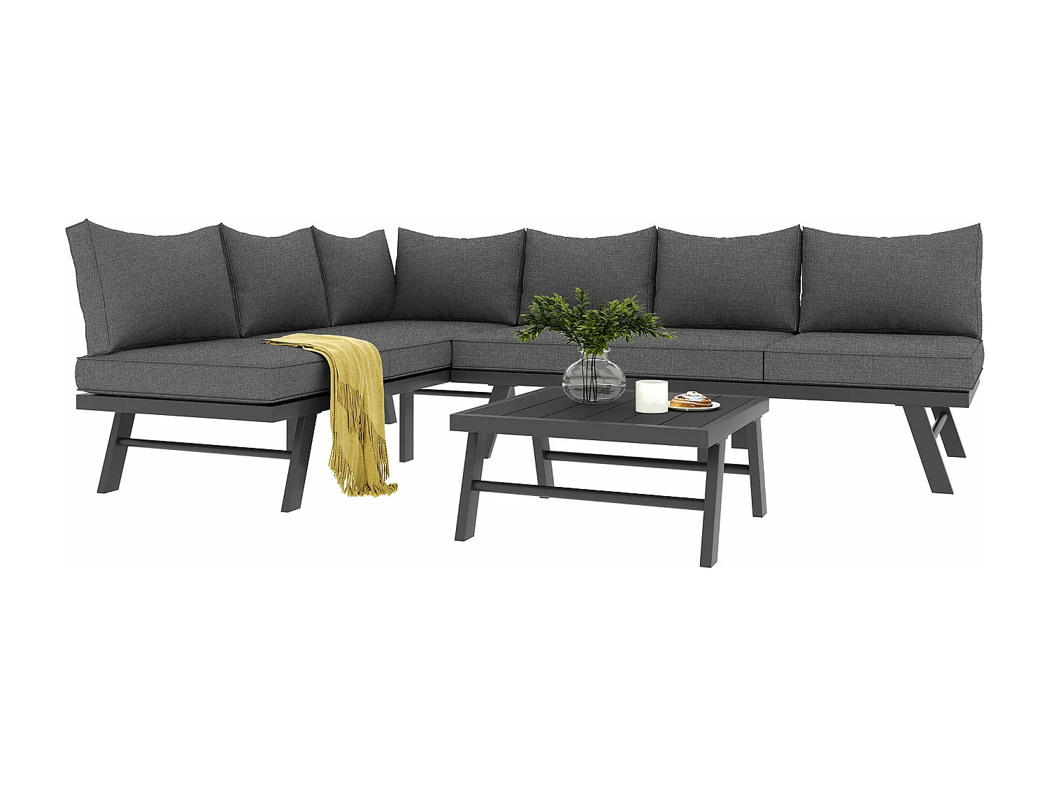 Ensemble salon de jardin en aluminium pour 5 - 6 personnes, canapé 2 coins, 1 table contenant 7 oreillers gris, 4 oreillers gris