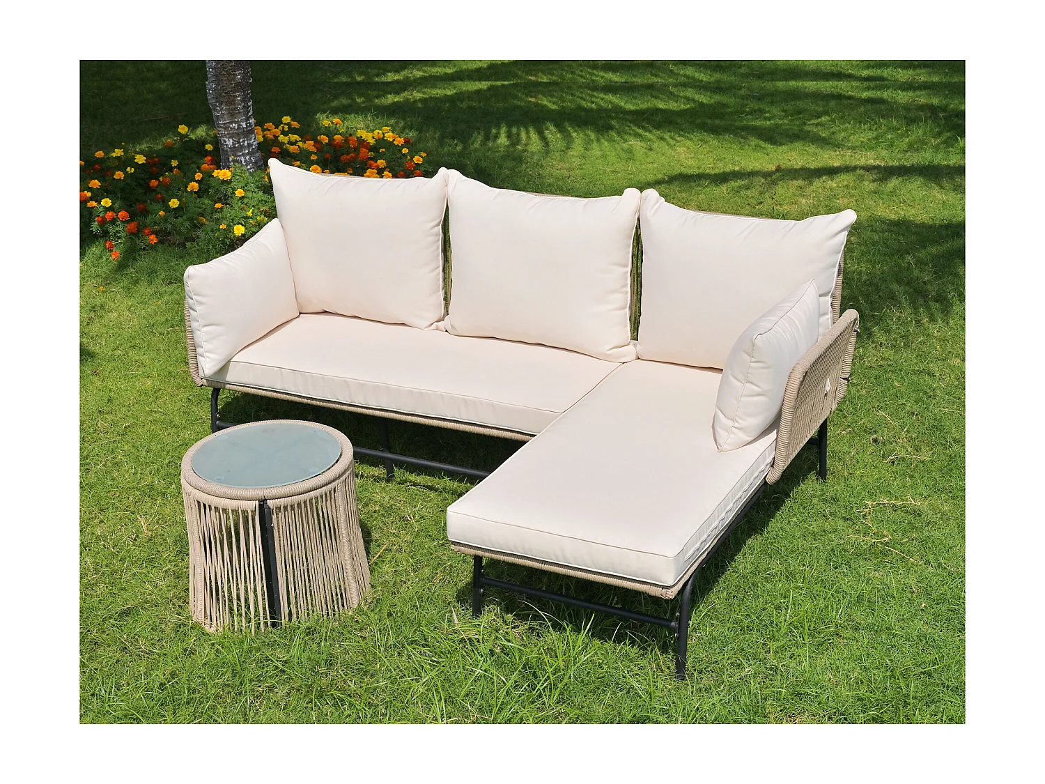 Ensemble de meubles de jardin beige, ensemble de canapé en l avec table, avec cadre en fer, corde tressée extérieure