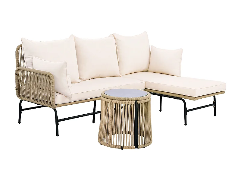 Ensemble de meubles de jardin beige, ensemble de canapé en l avec table, avec cadre en fer, corde tressée extérieure