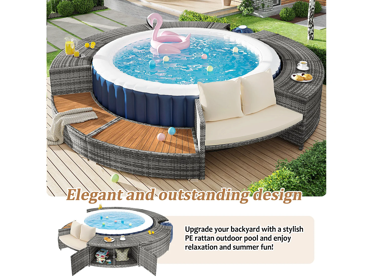 Spa, salon de jardin, rotin gris PE et bois d'acacia avec rangement, pieds réglables, coussins inclus