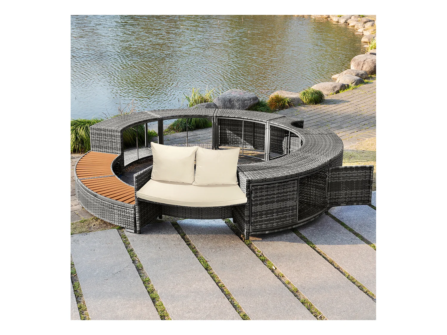 Spa, salon de jardin, rotin gris PE et bois d'acacia avec rangement, pieds réglables, coussins inclus