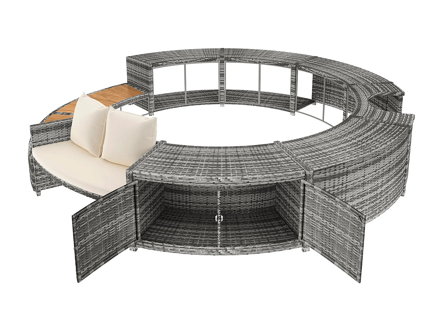 Spa, salon de jardin, rotin gris PE et bois d'acacia avec rangement, pieds réglables, coussins inclus