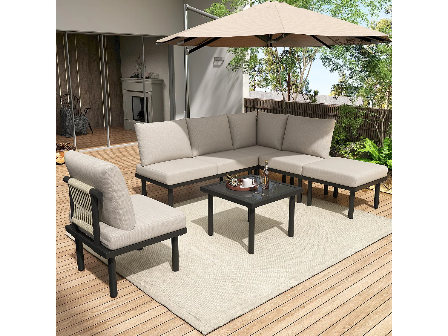 Set de 6 pièces, meubles de jardin en corde, dessus de table en verre, Siège et coussins inclus, beige