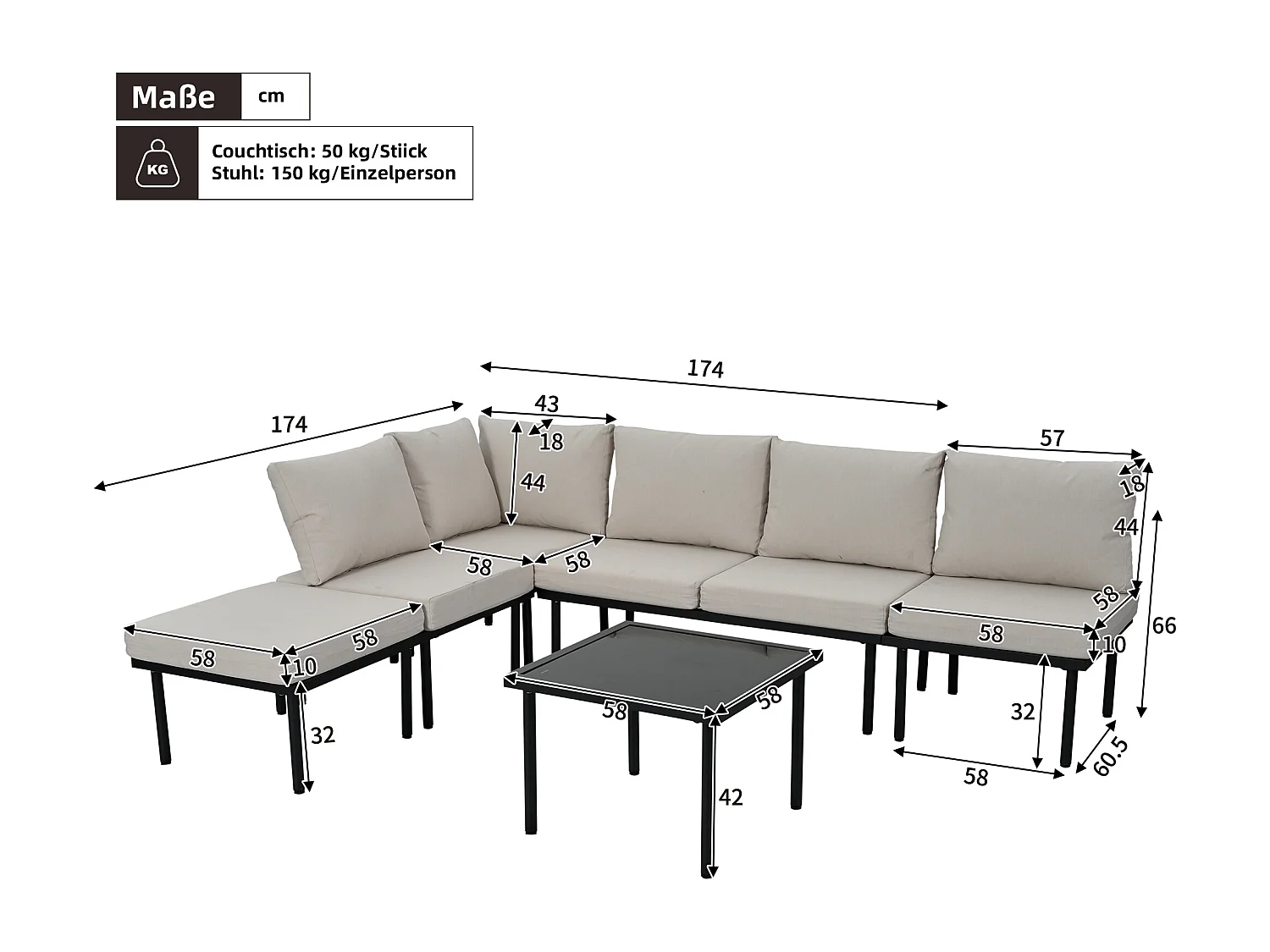 Set de 6 pièces, meubles de jardin en corde, dessus de table en verre, Siège et coussins inclus, beige