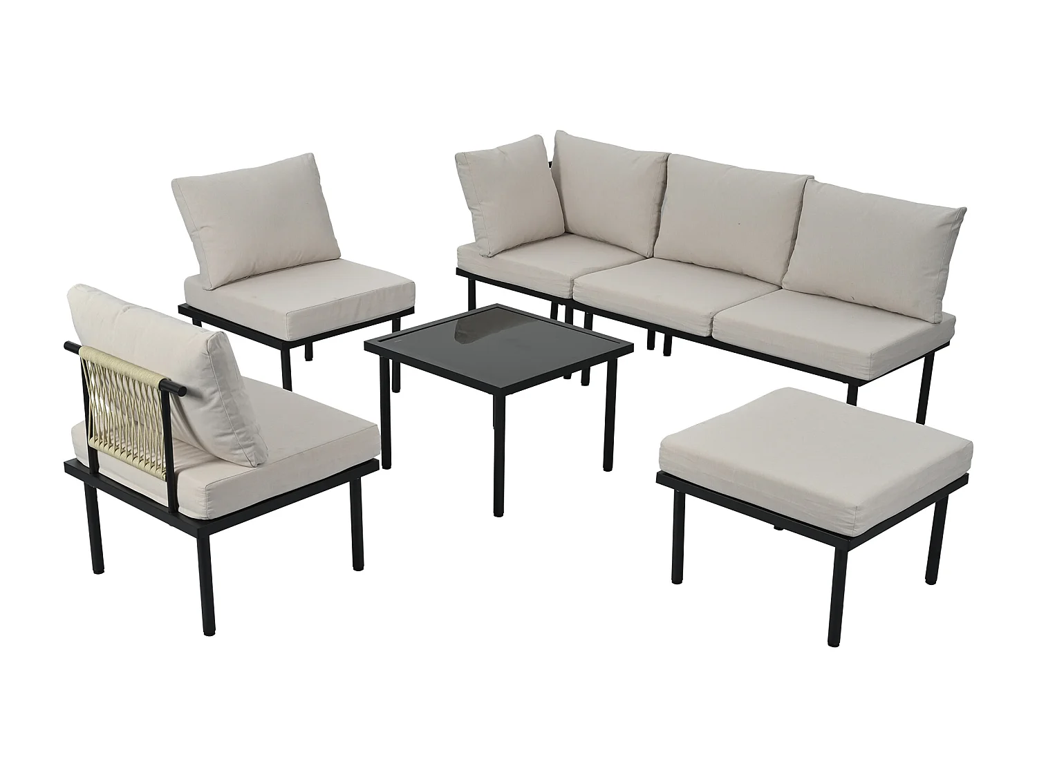 Set de 6 pièces, meubles de jardin en corde, dessus de table en verre, Siège et coussins inclus, beige