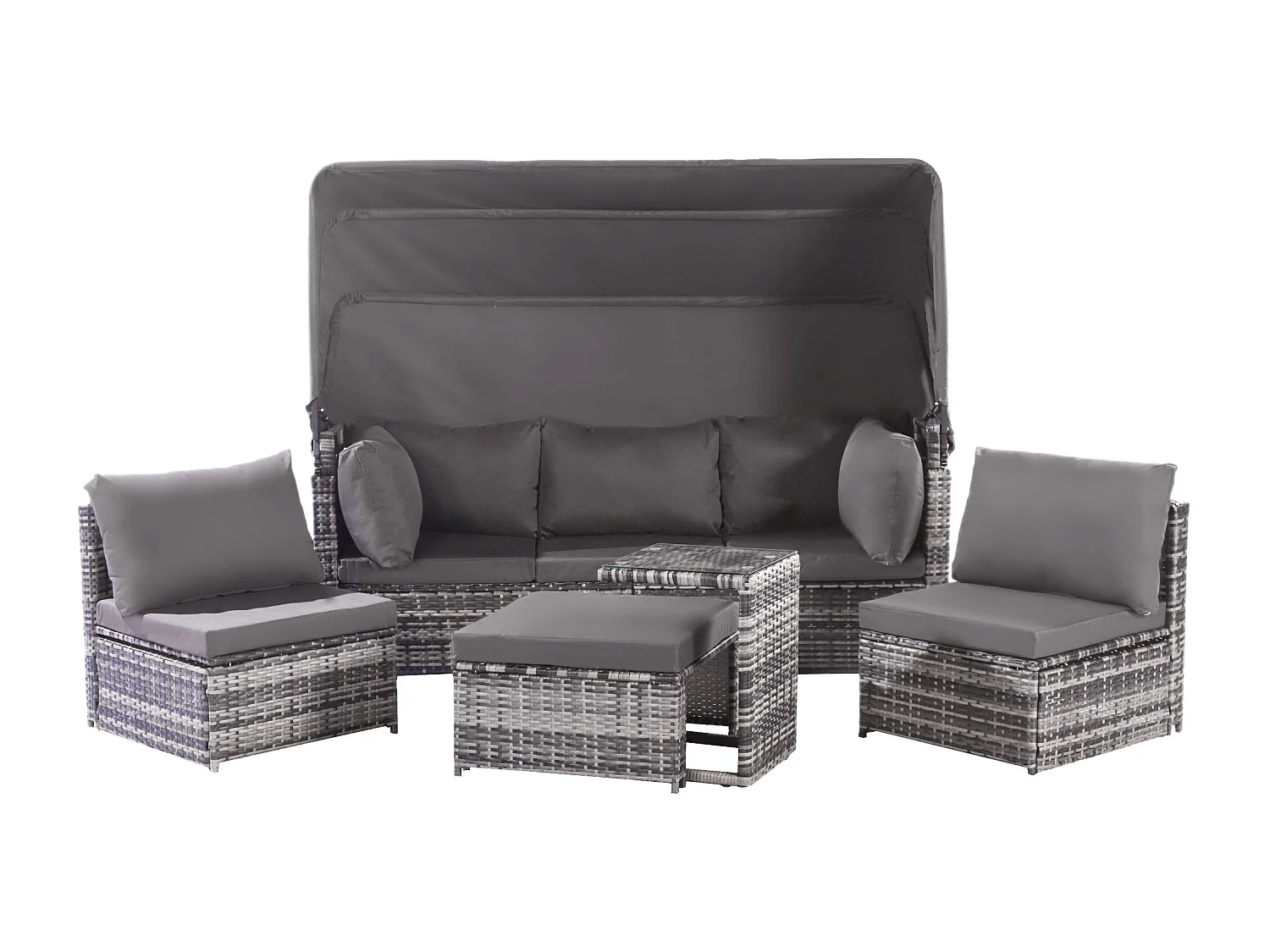 Ensemble salon de jardin en rotin Sunshine Island seat set, canapé avec toit ouvrant, tabourets, fauteuils et table, résistant aux intempéries, gris