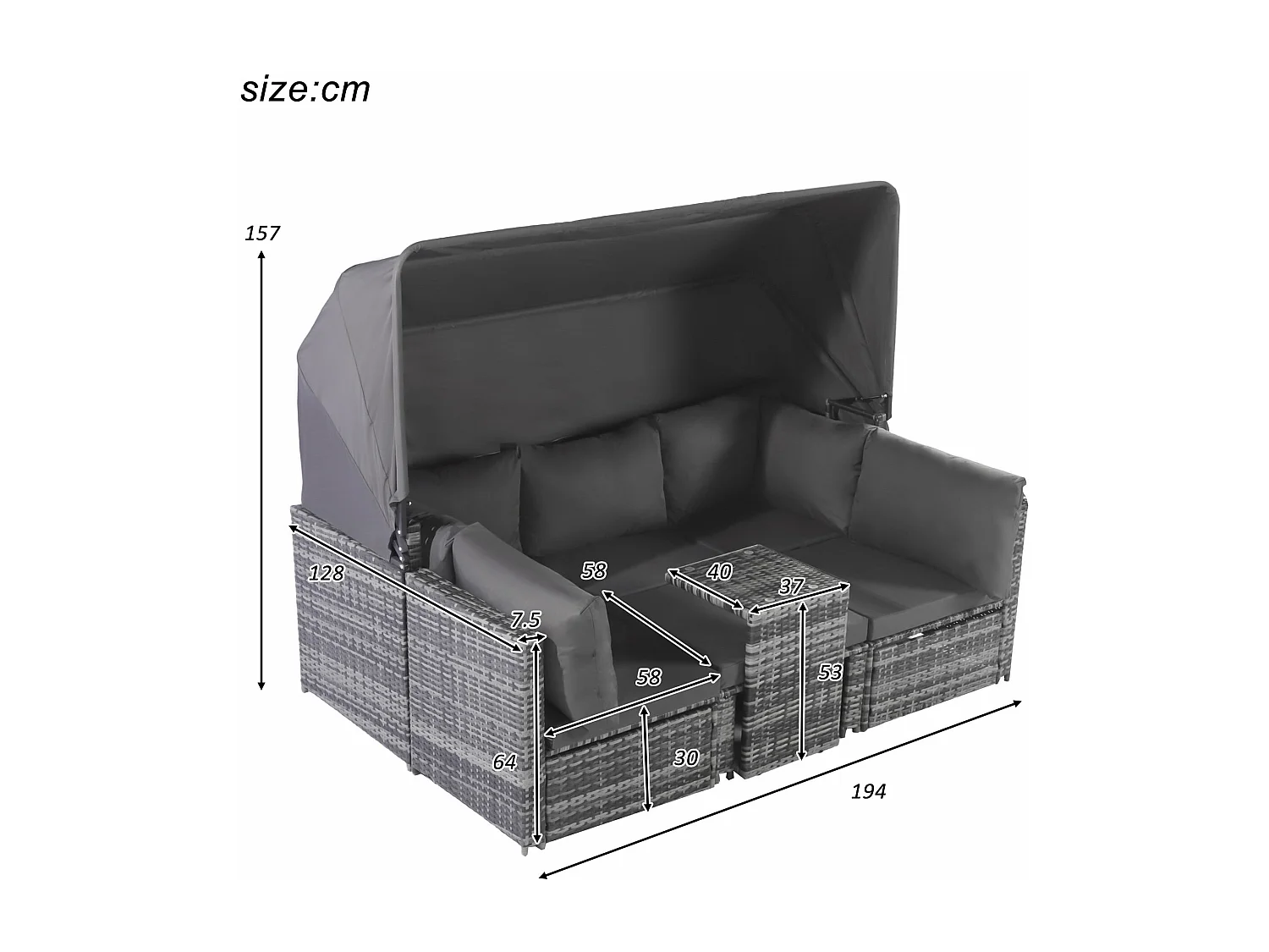 Ensemble salon de jardin en rotin Sunshine Island seat set, canapé avec toit ouvrant, tabourets, fauteuils et table, résistant aux intempéries, gris