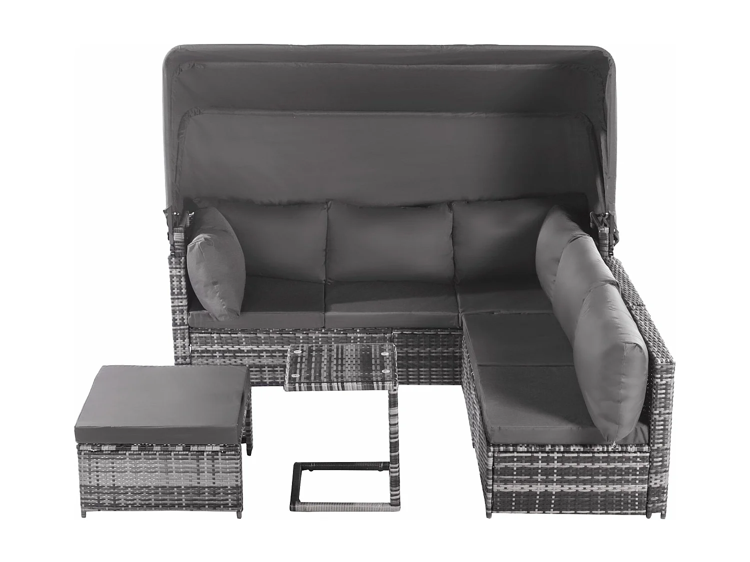 Ensemble salon de jardin en rotin Sunshine Island seat set, canapé avec toit ouvrant, tabourets, fauteuils et table, résistant aux intempéries, gris