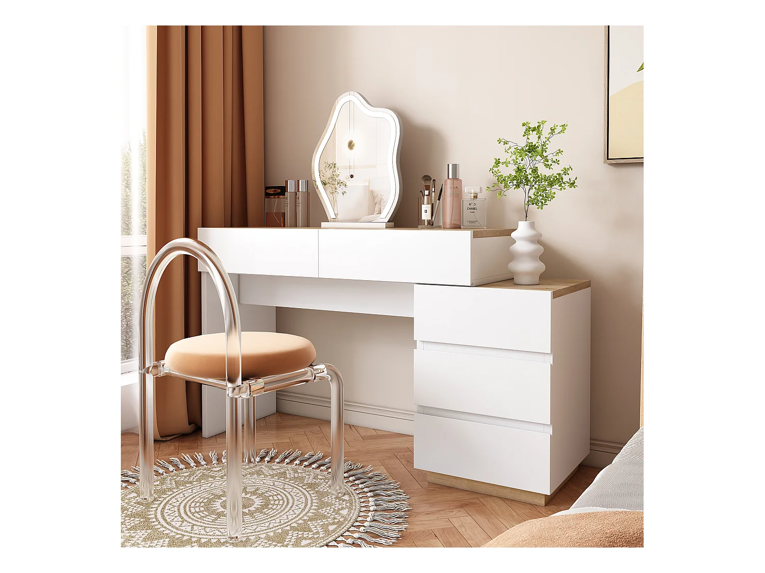 Vanité avec 5 tiroirs, avec fonction de rangement, panneau de particules E1, blanc + chêne