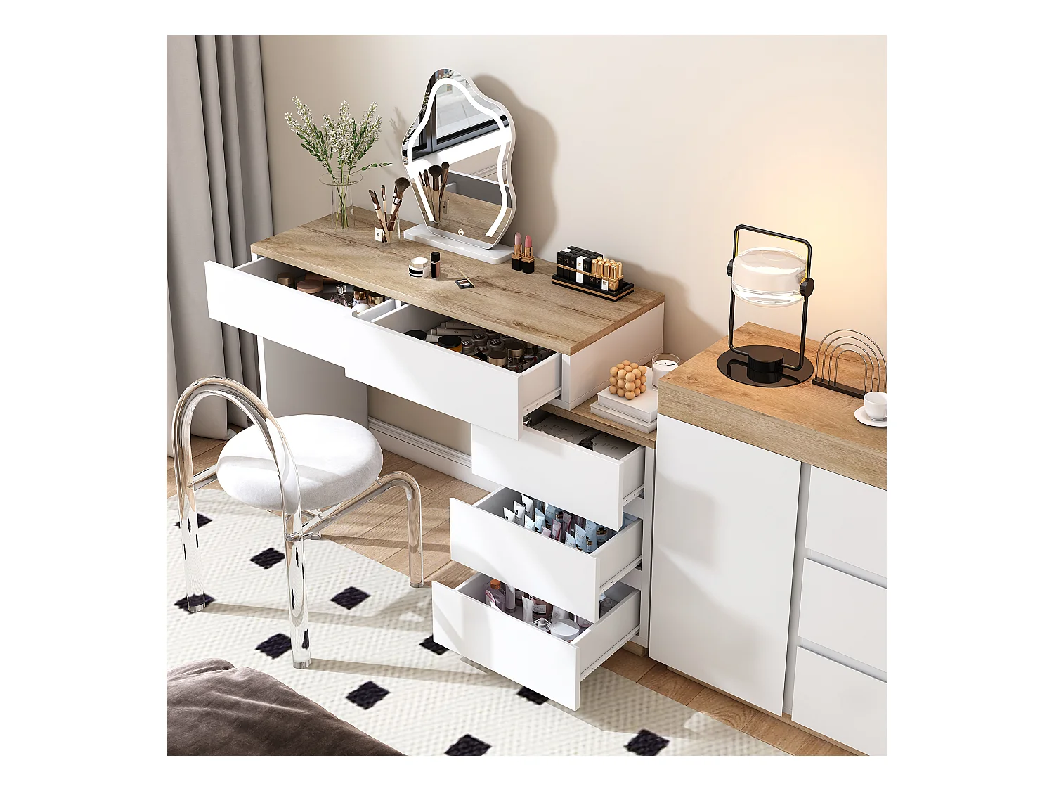 Vanité avec 5 tiroirs, avec fonction de rangement, panneau de particules E1, blanc + chêne