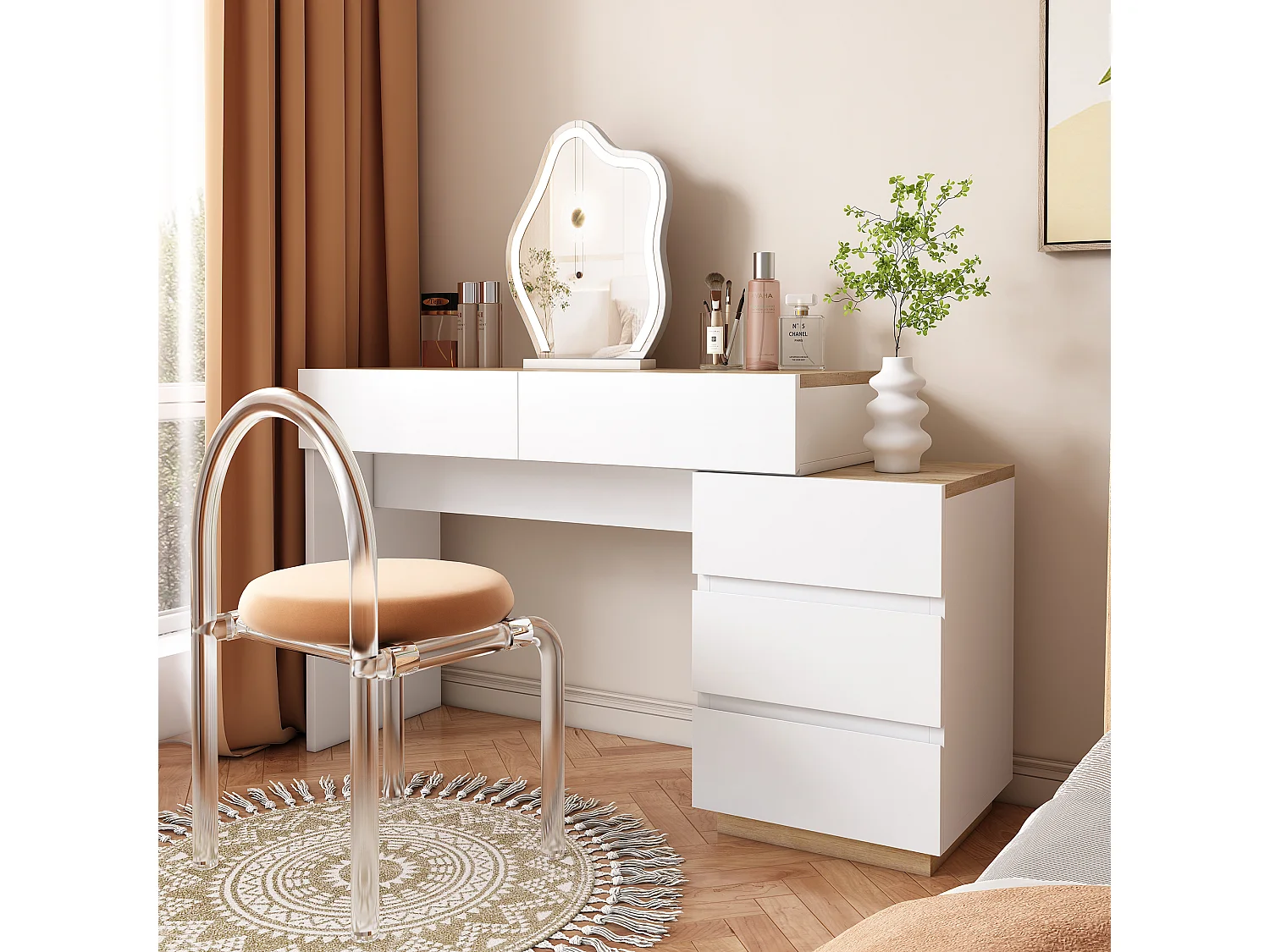 Vanité avec 5 tiroirs, avec fonction de rangement, panneau de particules E1, blanc + chêne