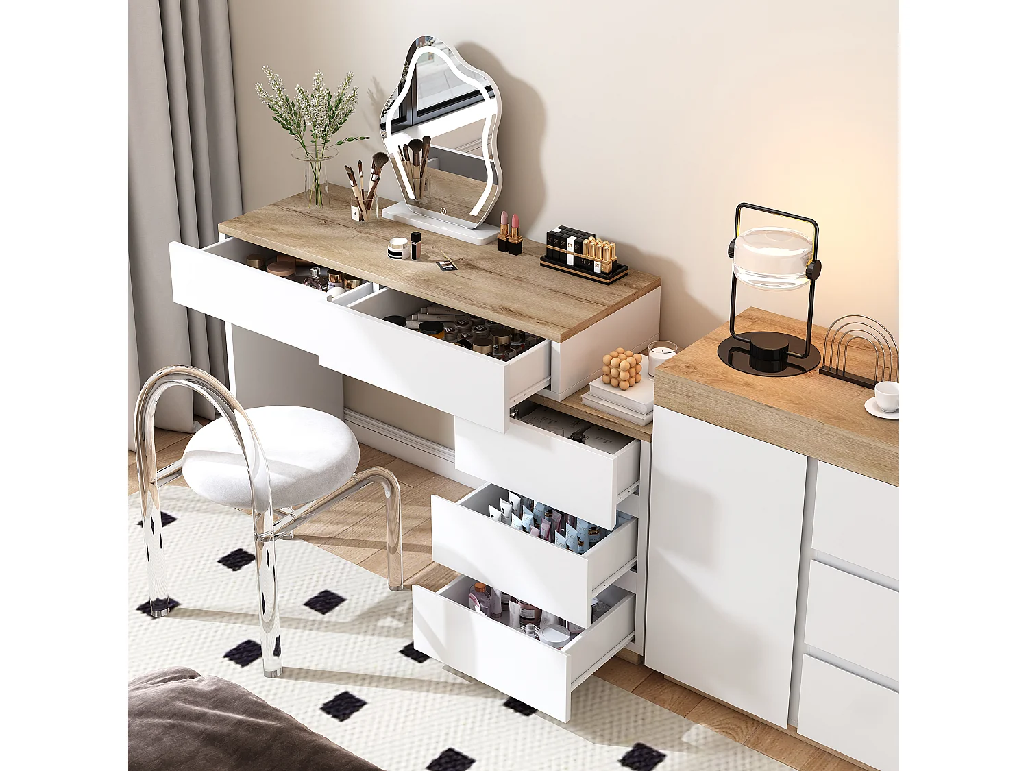 Vanité avec 5 tiroirs, avec fonction de rangement, panneau de particules E1, blanc + chêne