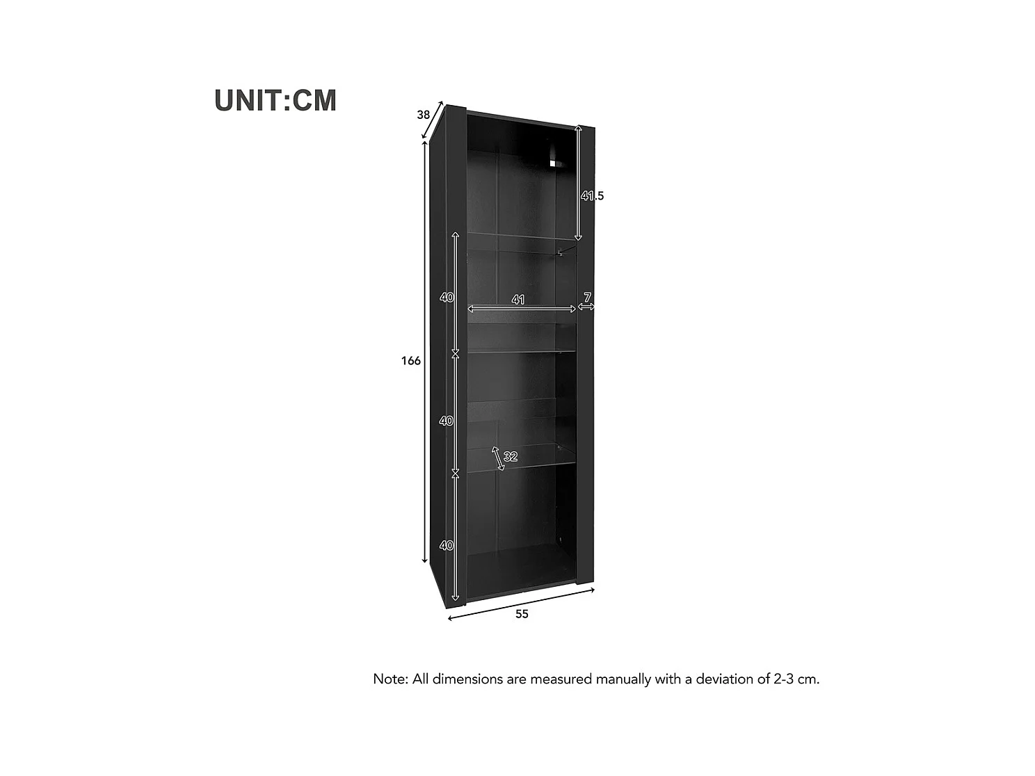 Vitrine noire avec éclairage LED, 3 compartiments en verre, 55 * 38 * 166cm,