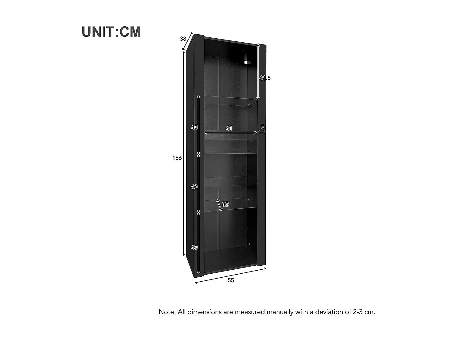 Vitrine noire avec éclairage LED, 3 compartiments en verre, 55 * 38 * 166cm,
