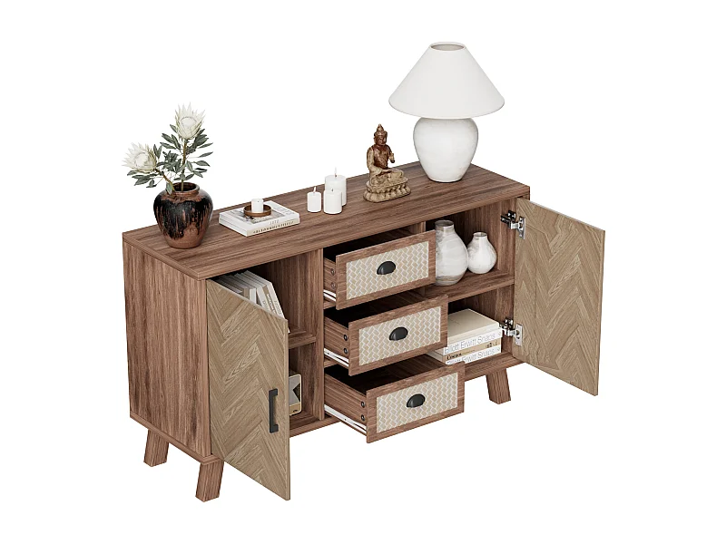 Panneau latéral, buffet Chevron, trois tiroirs deux portes, pieds en bois massif