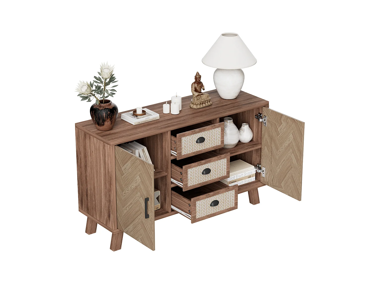 Panneau latéral, buffet Chevron, trois tiroirs deux portes, pieds en bois massif
