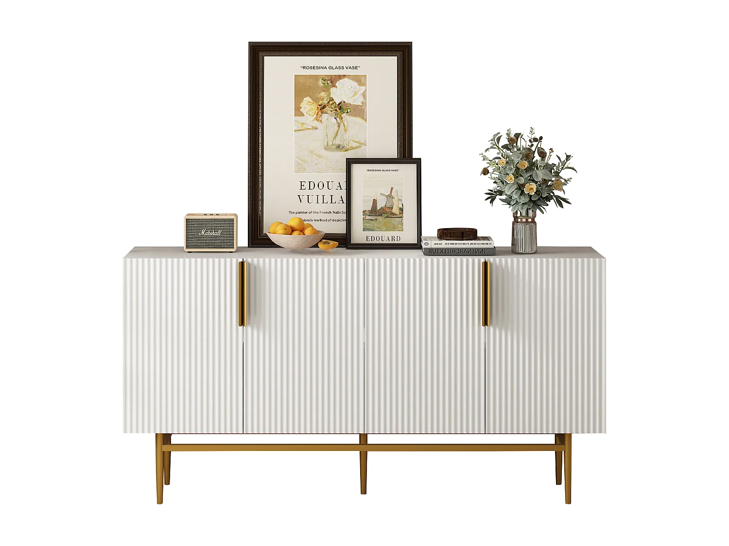 Buffet moderne et élégant 4 portes avec poignées en métal doré buffet armoire pour salle à manger, salon, Chambre, couloir (blanc)