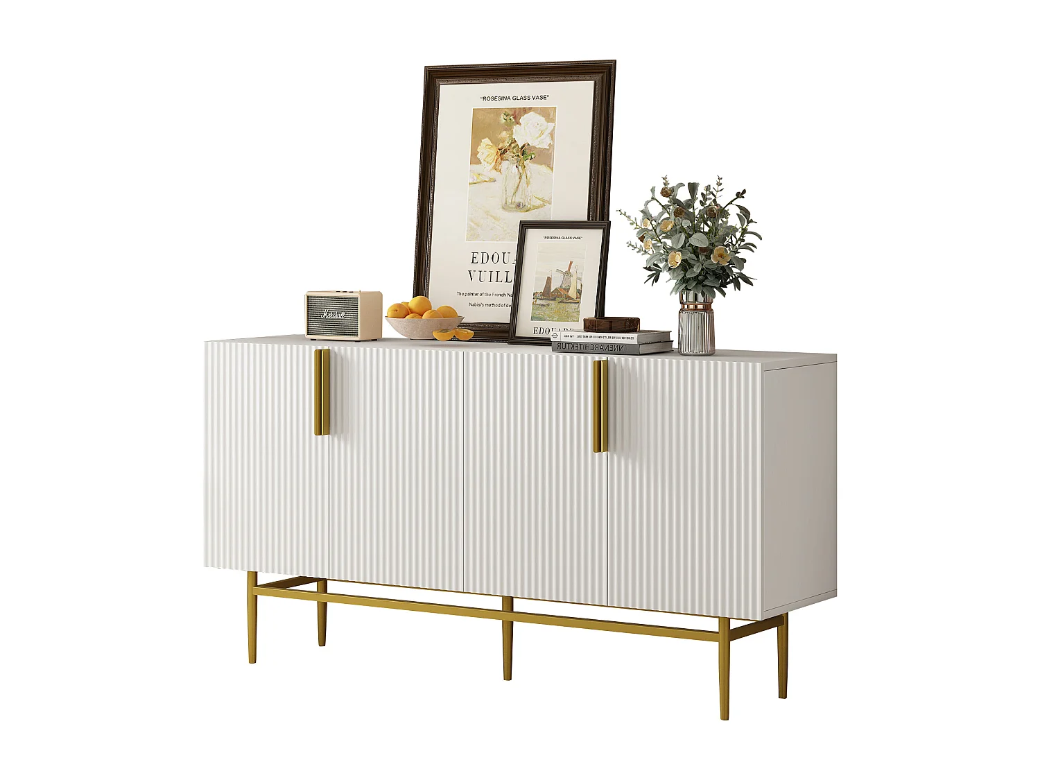 Buffet moderne et élégant 4 portes avec poignées en métal doré buffet armoire pour salle à manger, salon, Chambre, couloir (blanc)