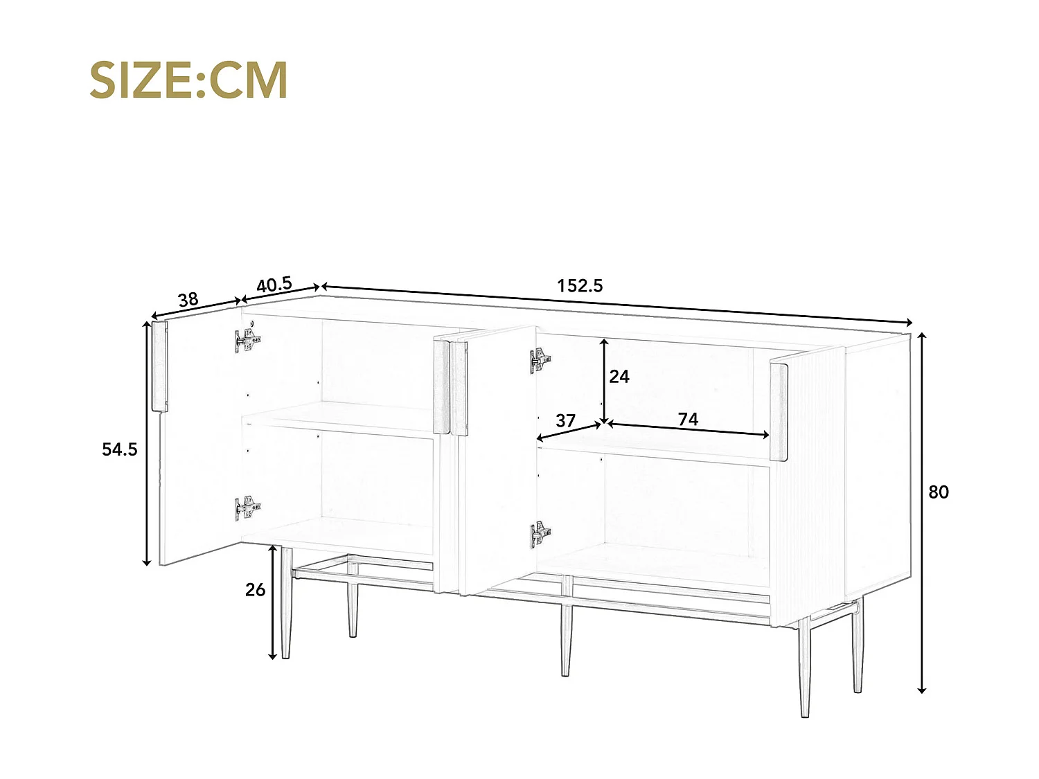 Buffet moderne et élégant 4 portes avec poignées en métal doré buffet armoire pour salle à manger, salon, Chambre, couloir (blanc)