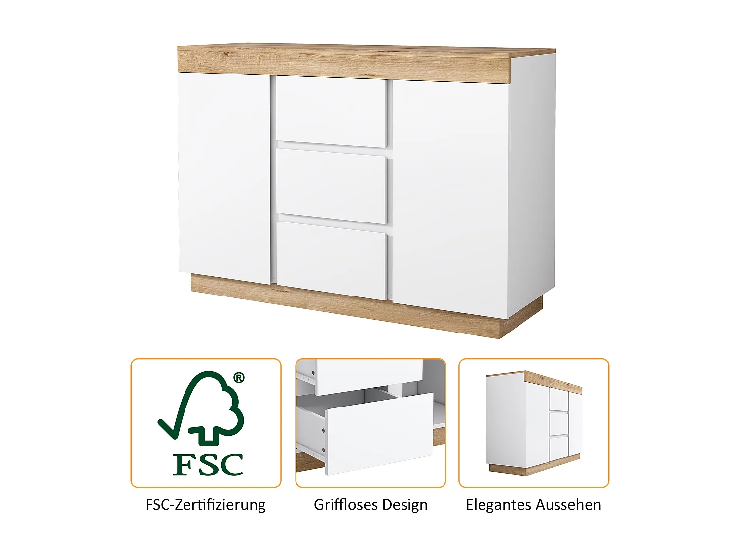 Casier avec 3 tiroirs et 2 portes avec fonction de rangement pour chambre à coucher et Salon Blanc + chêne