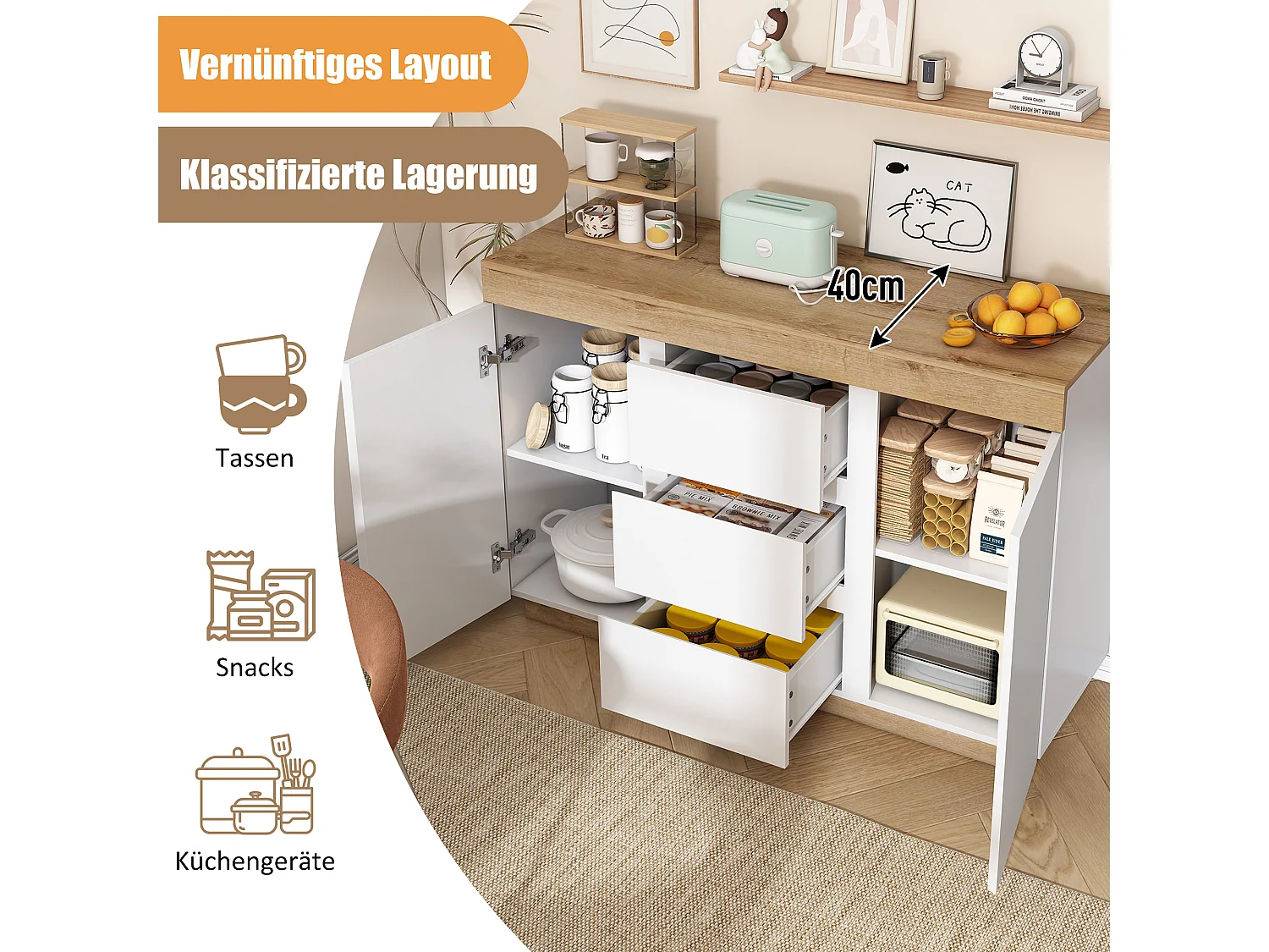 Casier avec 3 tiroirs et 2 portes avec fonction de rangement pour chambre à coucher et Salon Blanc + chêne