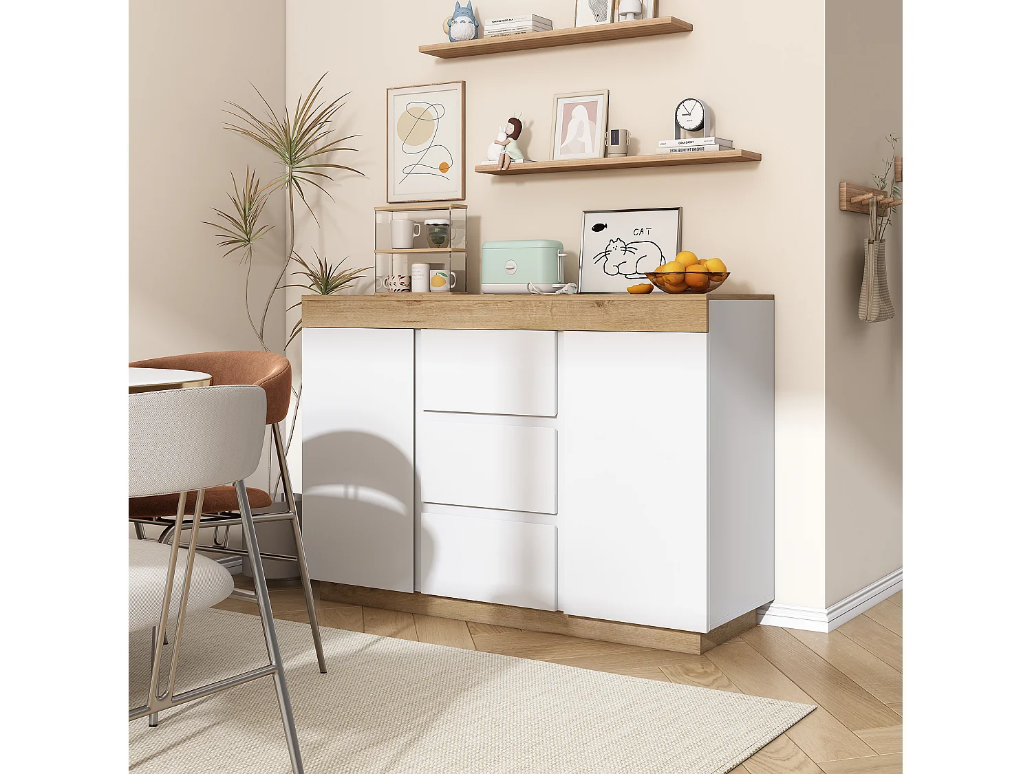 Casier avec 3 tiroirs et 2 portes avec fonction de rangement pour chambre à coucher et Salon Blanc + chêne