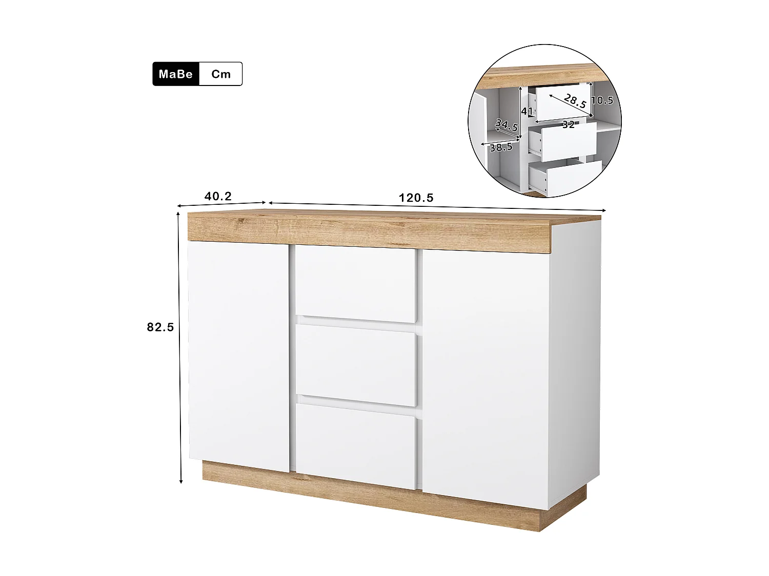 Casier avec 3 tiroirs et 2 portes avec fonction de rangement pour chambre à coucher et Salon Blanc + chêne