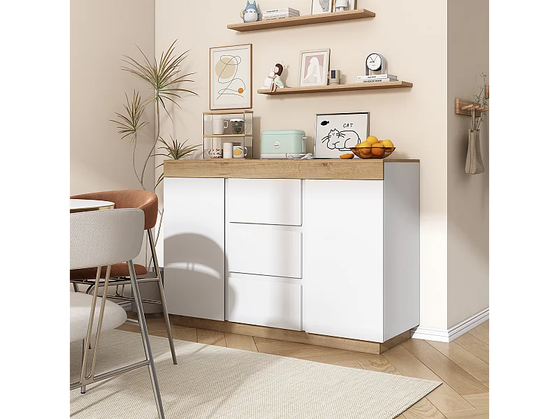 Casier avec 3 tiroirs et 2 portes avec fonction de rangement pour chambre à coucher et Salon Blanc + chêne