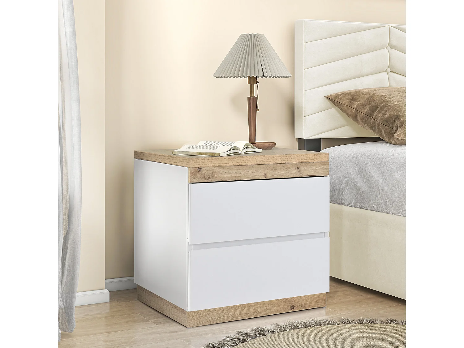 Table de chevet avec deux tiroirs avec fonction de rangement E1 panneau de particules blanc + chêne