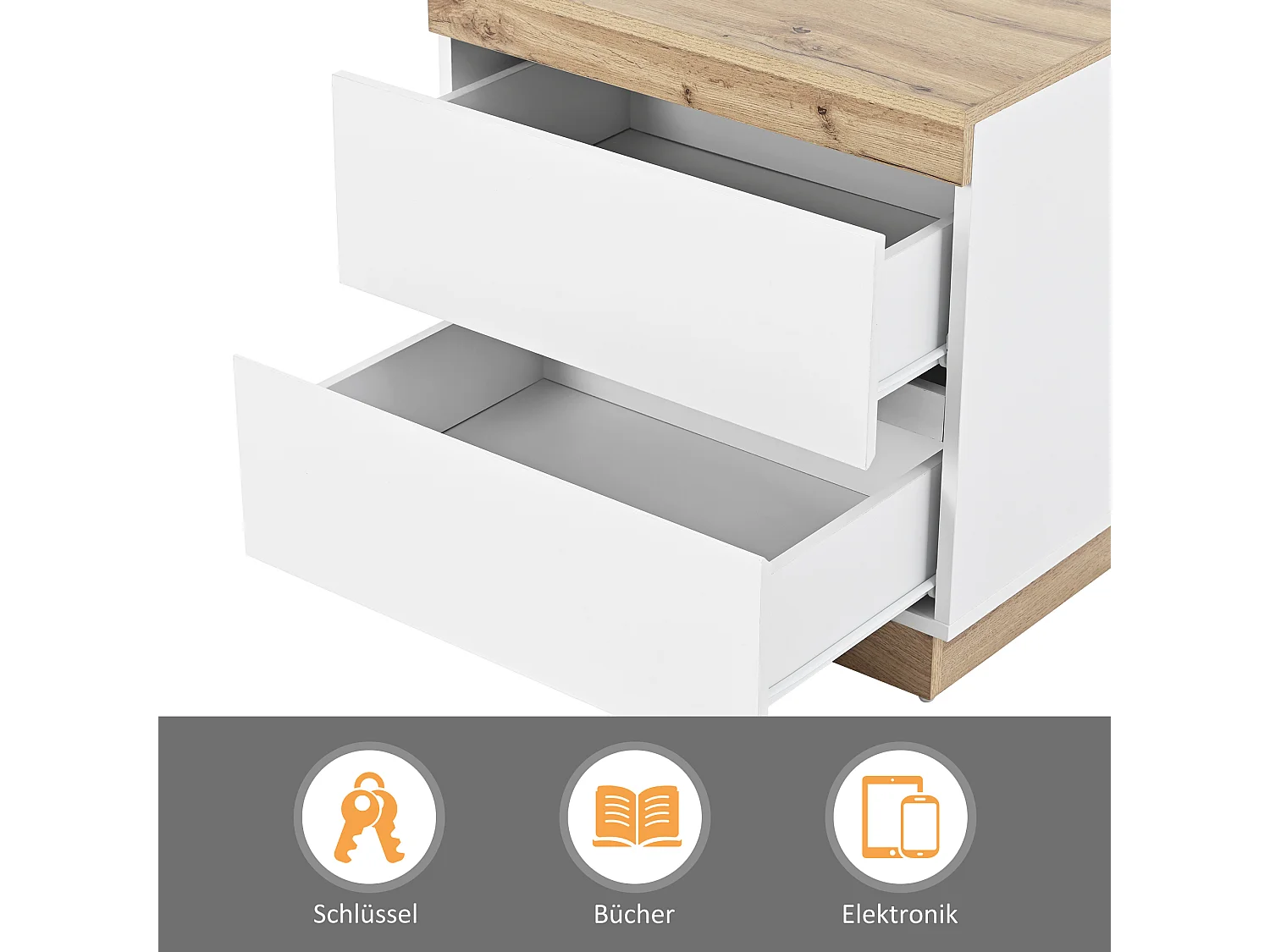 Table de chevet avec deux tiroirs avec fonction de rangement E1 panneau de particules blanc + chêne