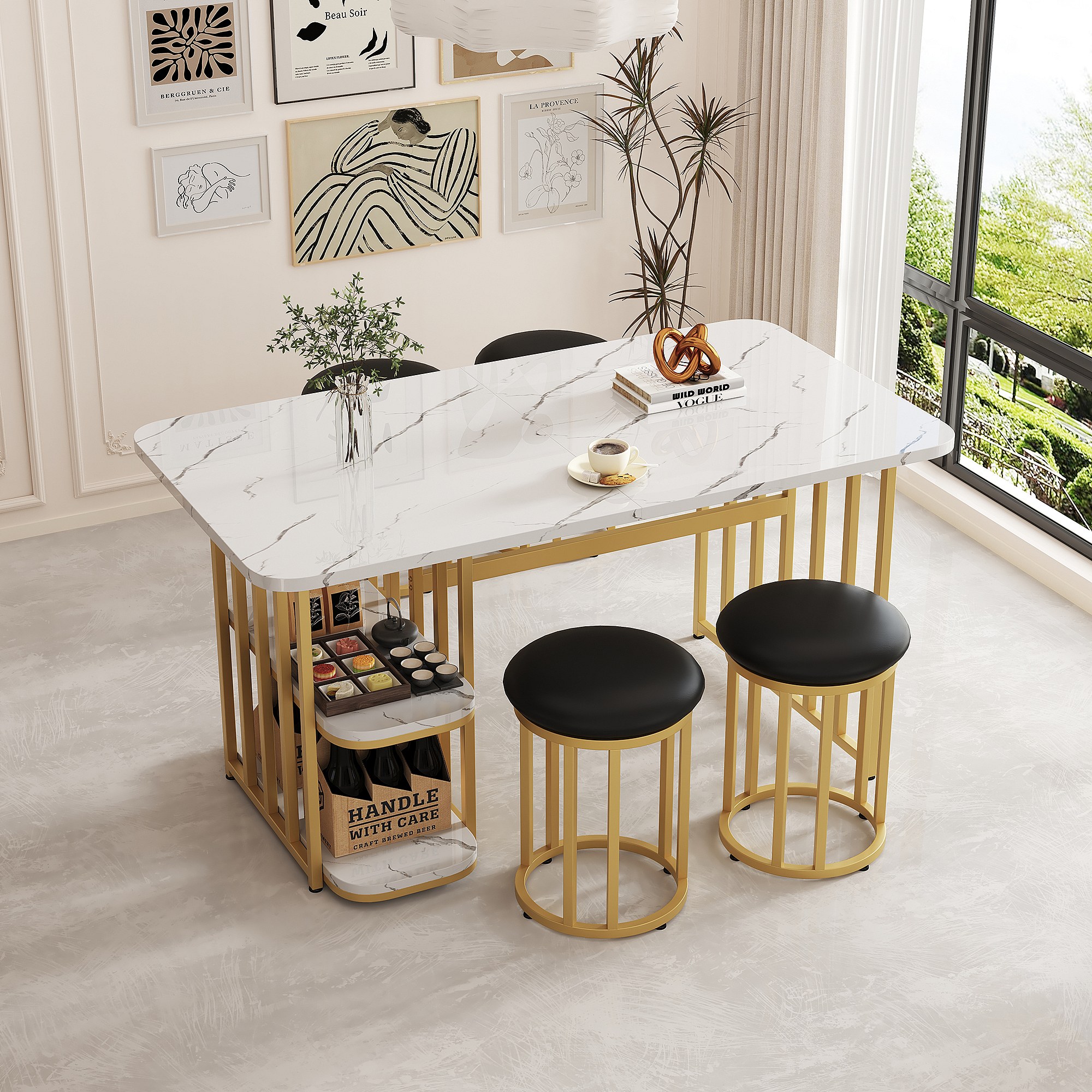 Ensemble De Table à Manger 5 Pièces - Table Ronde 100 Cm Plateau Marbre MDF Blanc, Pieds Métal Doré, Chaises Velours Vert