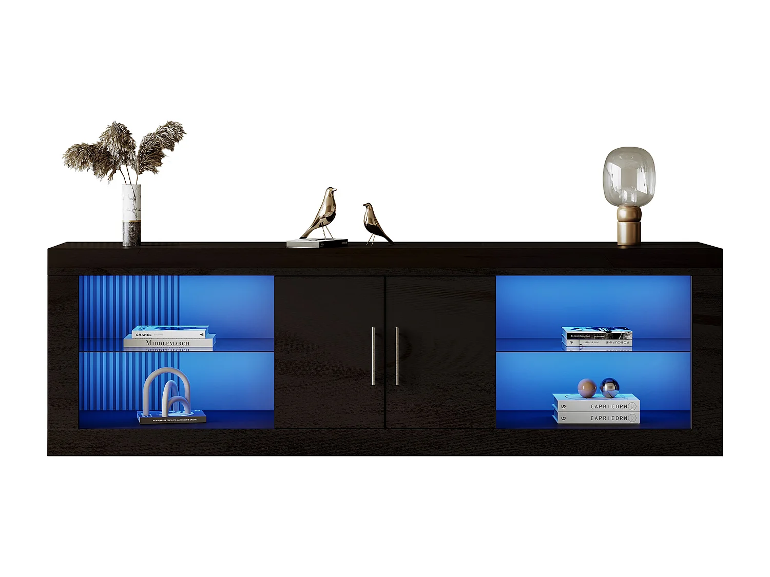 Support TV noir moderne pour téléviseurs de 60 pouces; 16 couleurs LED, contrôle Bluetooth; Avec porte d'armoire, étagères, charnières silencieuses