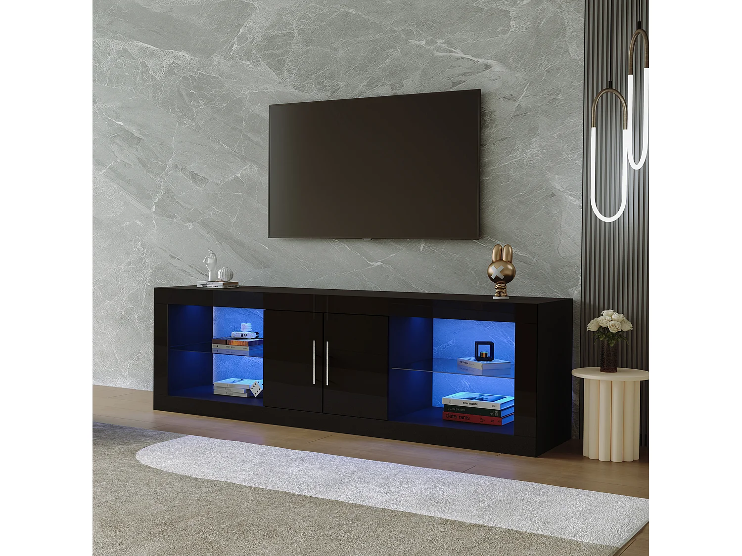 Support TV noir moderne pour téléviseurs de 60 pouces; 16 couleurs LED, contrôle Bluetooth; Avec porte d'armoire, étagères, charnières silencieuses