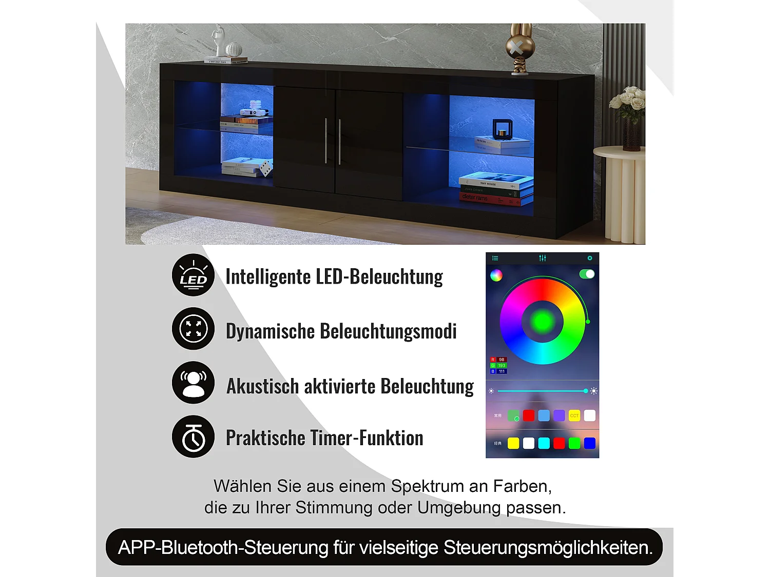 Support TV noir moderne pour téléviseurs de 60 pouces; 16 couleurs LED, contrôle Bluetooth; Avec porte d'armoire, étagères, charnières silencieuses