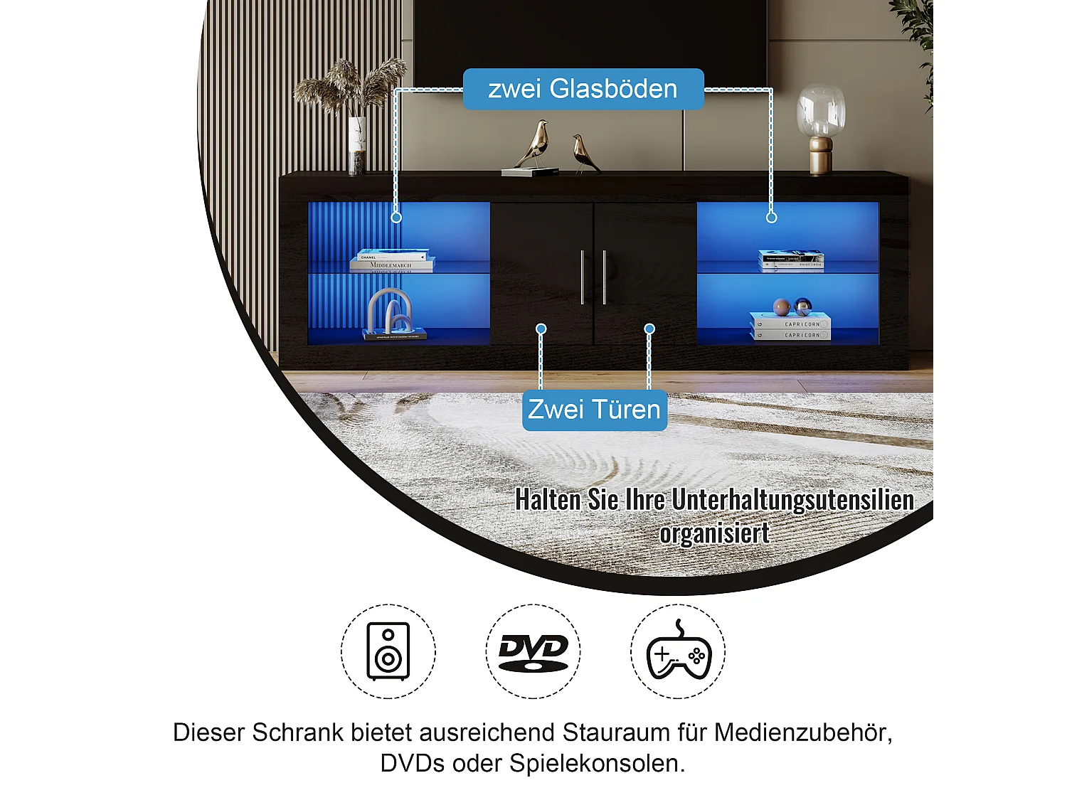 Support TV noir moderne pour téléviseurs de 60 pouces; 16 couleurs LED, contrôle Bluetooth; Avec porte d'armoire, étagères, charnières silencieuses